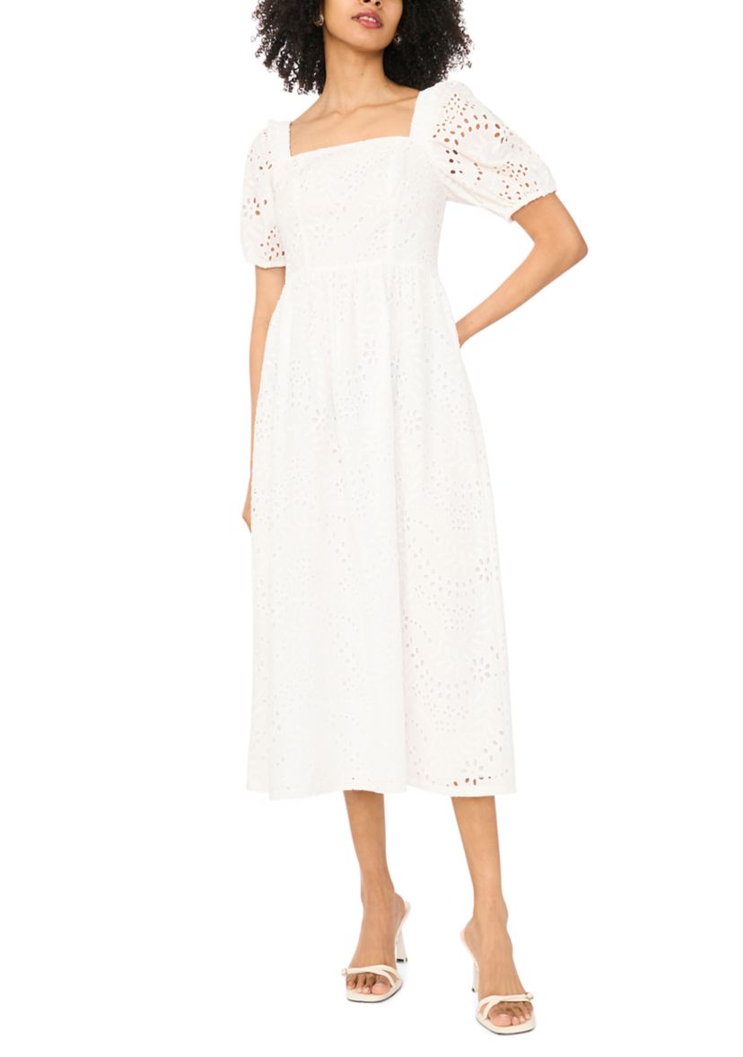 knee length dresses for ladies IVORY SQUARE NECK MIDI DRESS – BELTED A-LINE SHORT SLEEVE ELEGANT TAIL –  Kelly Grace Brands