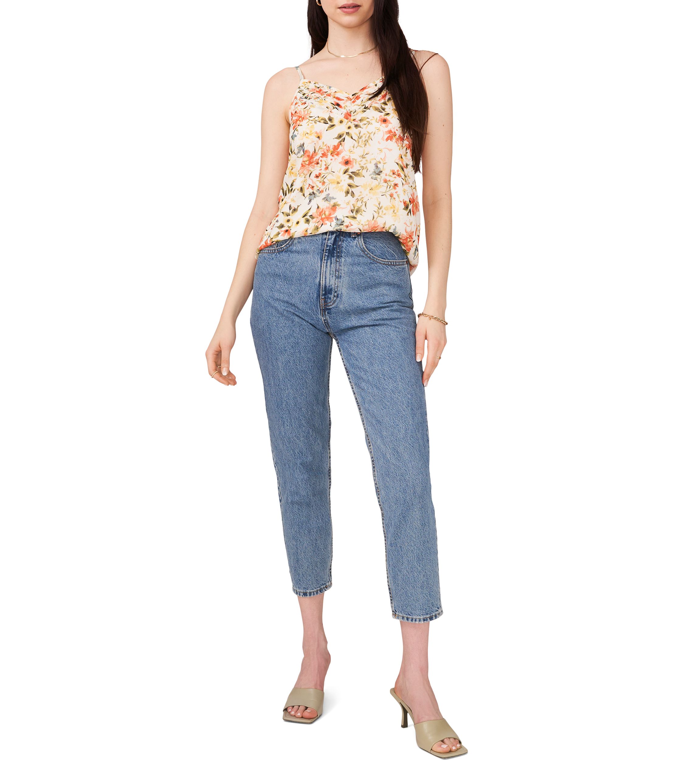 Womens Printed Pintucked V-Neck Cami