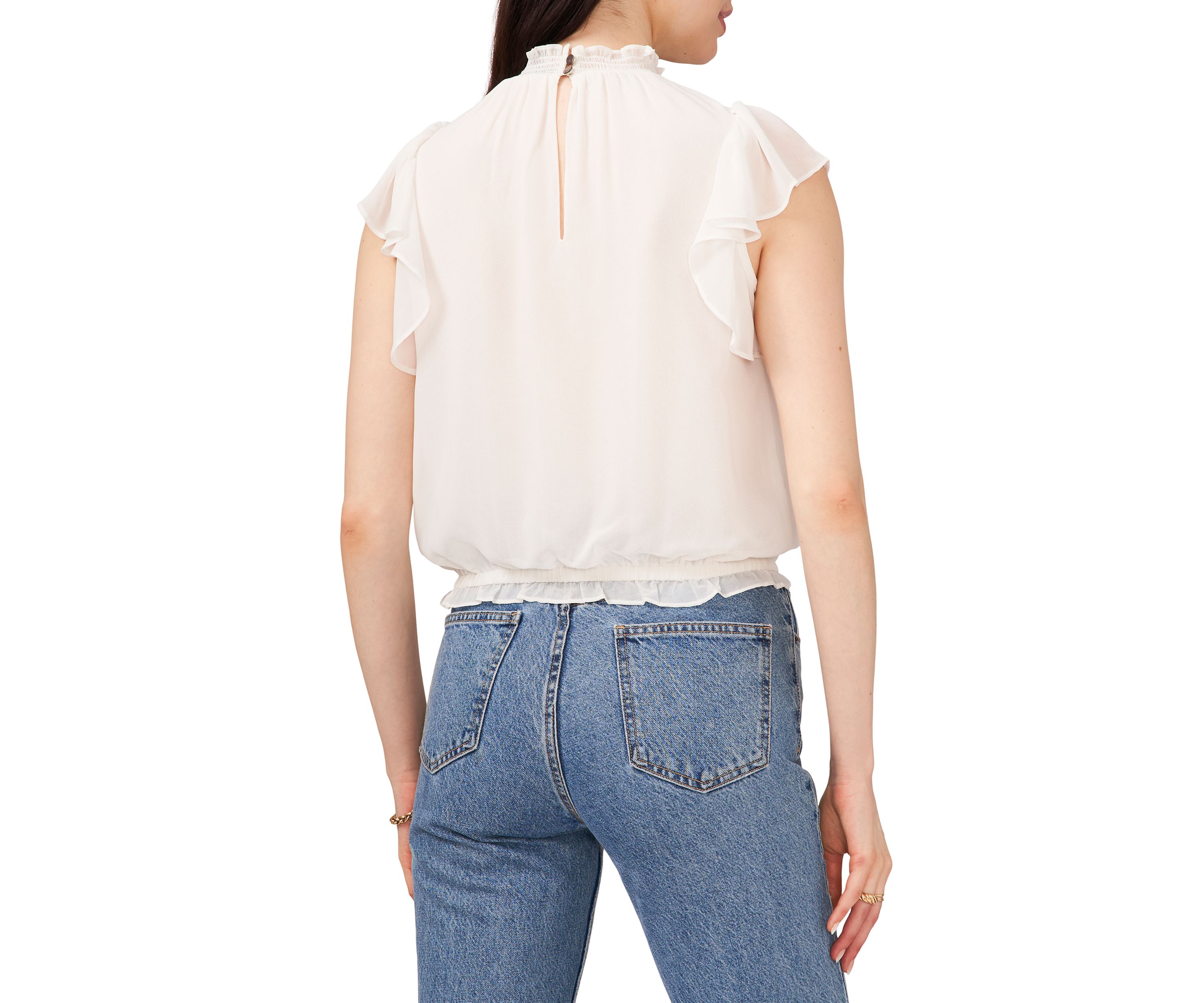 Womens Flutter Sleeve Smock Neck Elastic Waist Top
