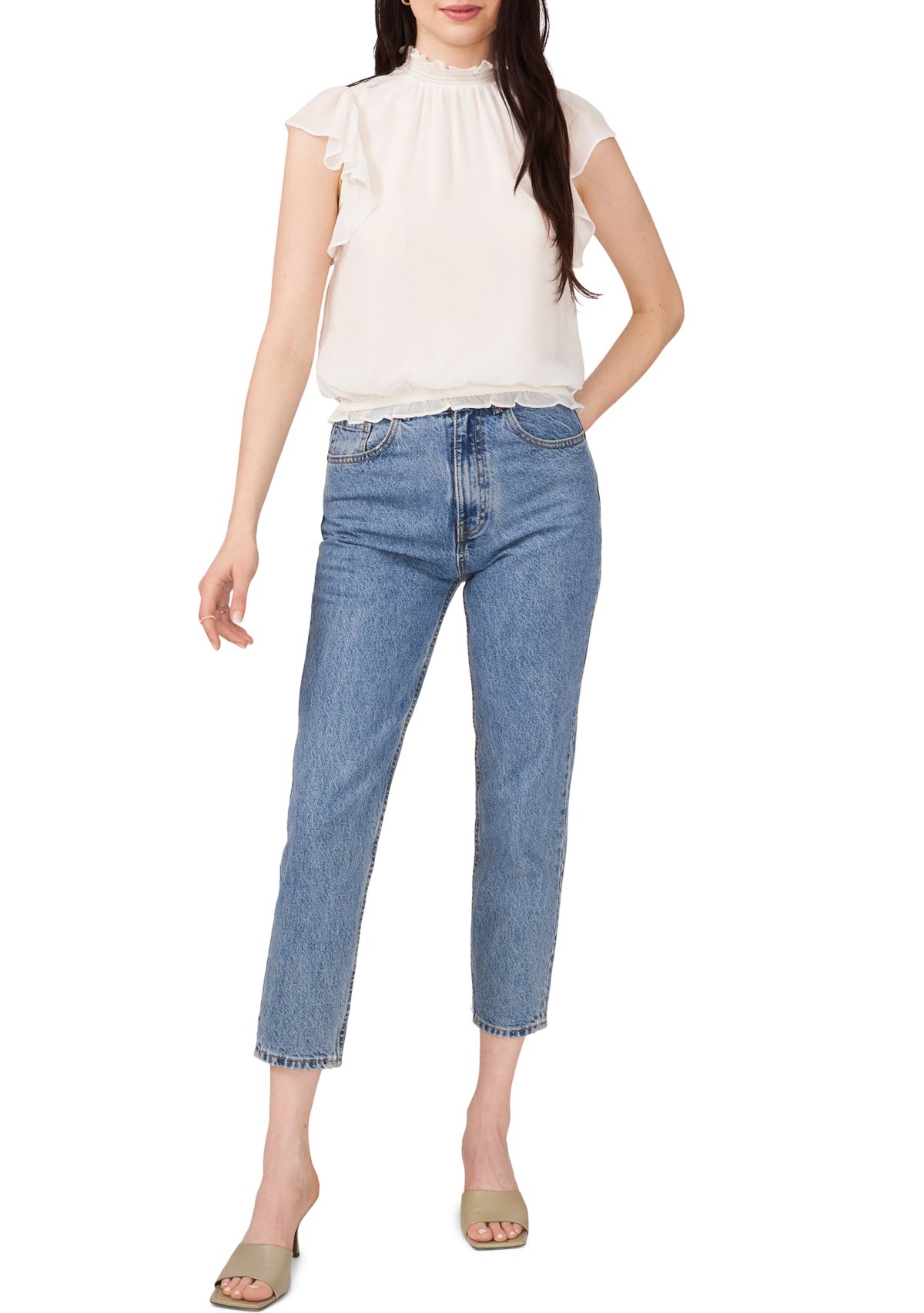 Womens Flutter Sleeve Smock Neck Elastic Waist Top