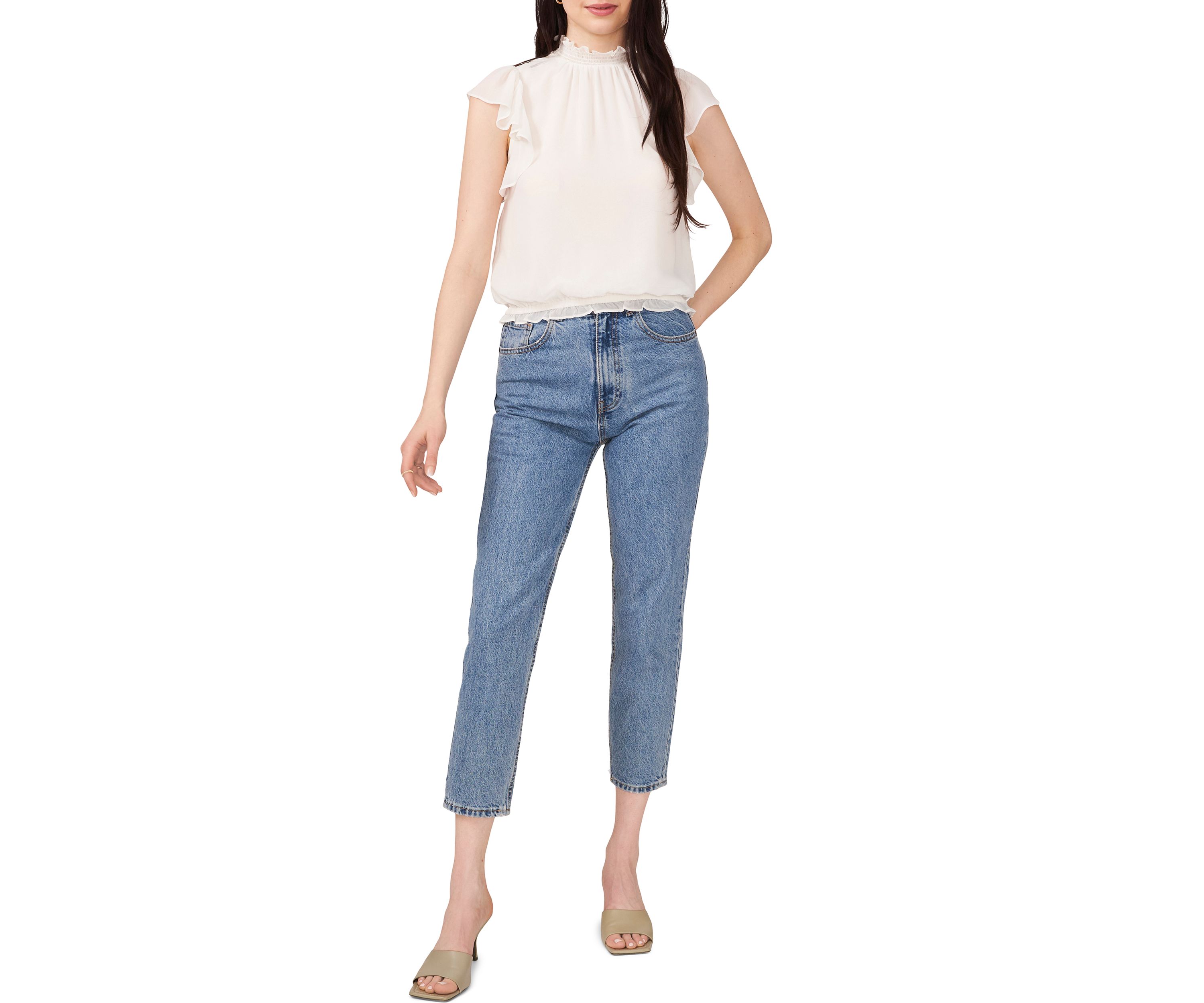 Womens Flutter Sleeve Smock Neck Elastic Waist Top