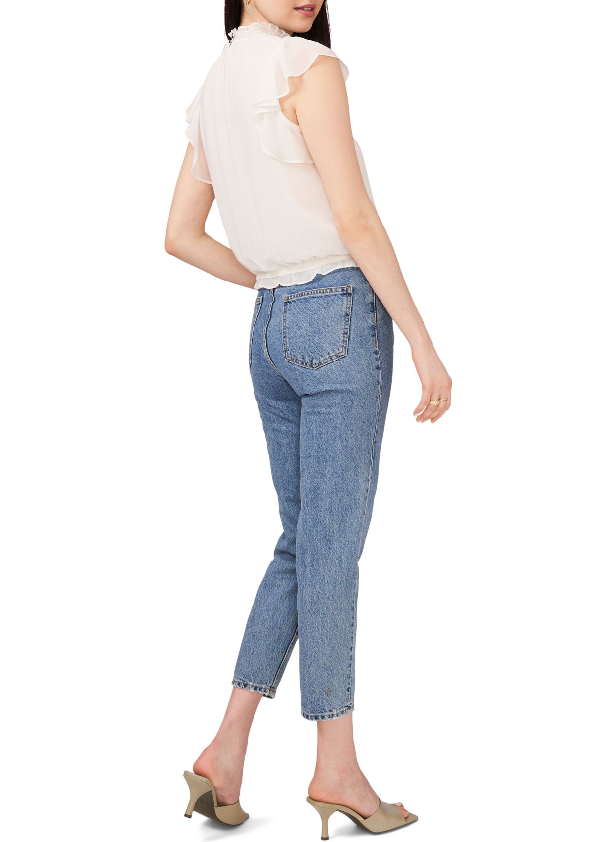 Womens Flutter Sleeve Smock Neck Elastic Waist Top