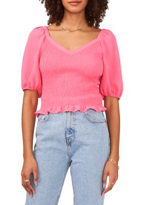 Women's Puff Sleeve V-Neck Smocked Top