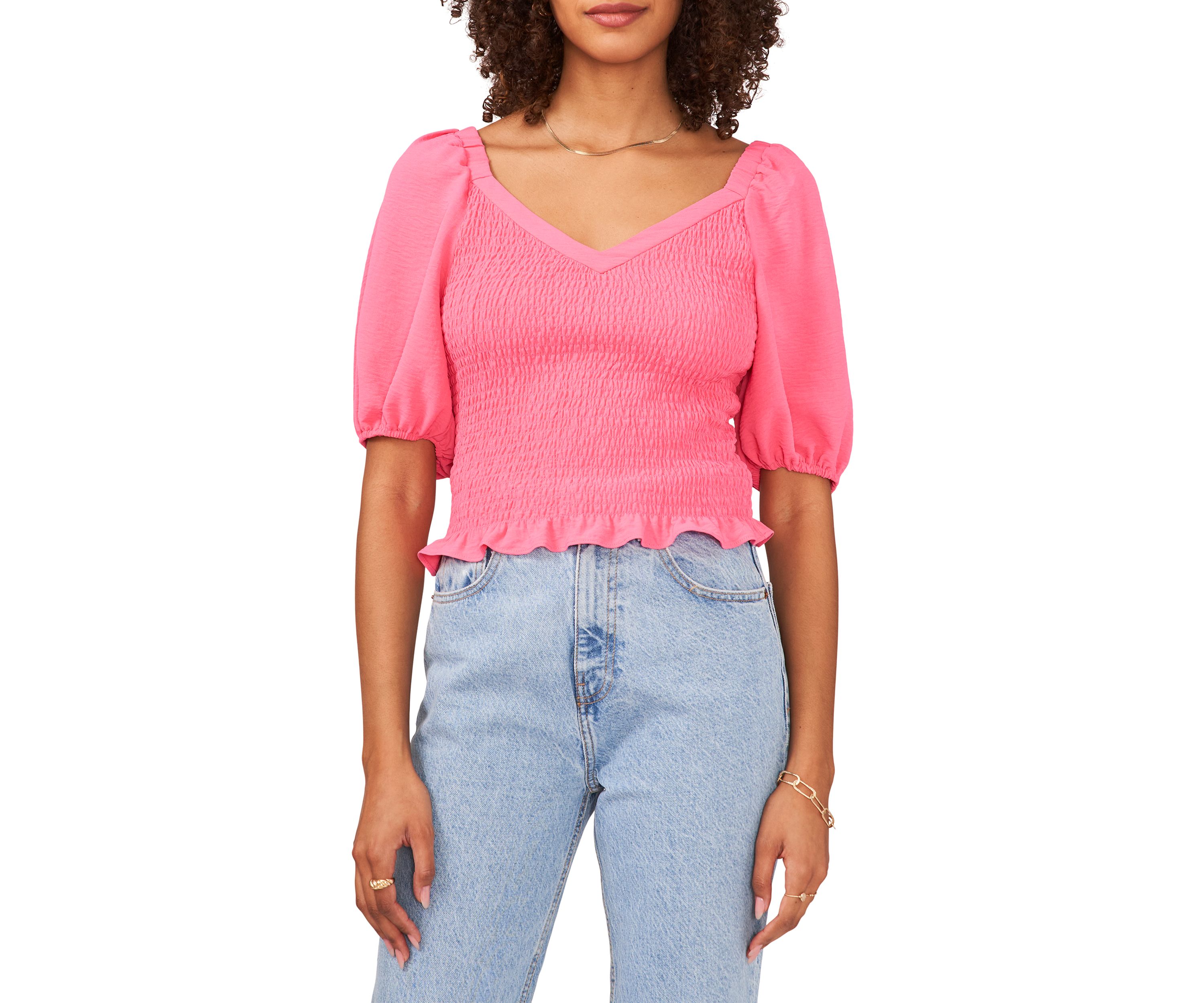 Womens Puff Sleeve V-Neck Smocked Top