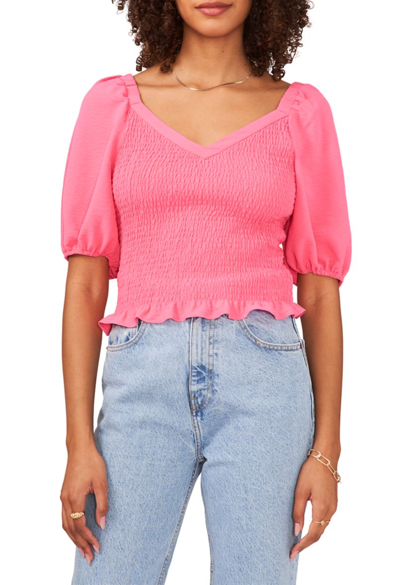 Womens Puff Sleeve V-Neck Smocked Top
