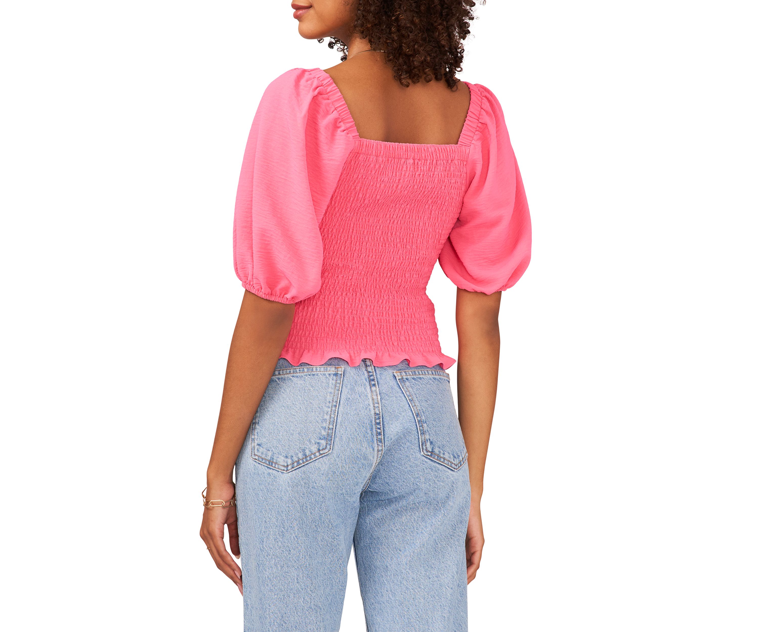Womens Puff Sleeve V-Neck Smocked Top