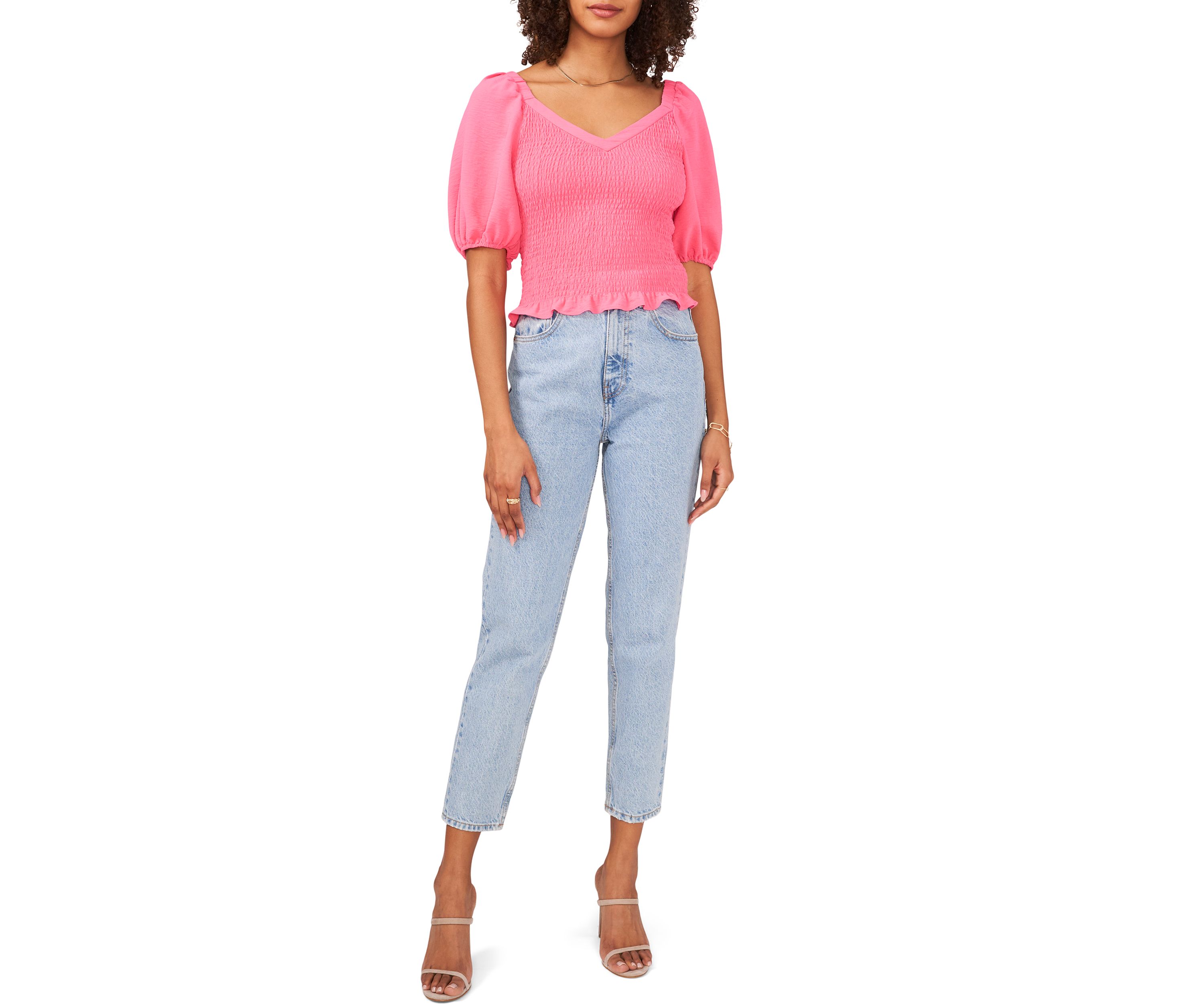 Womens Puff Sleeve V-Neck Smocked Top