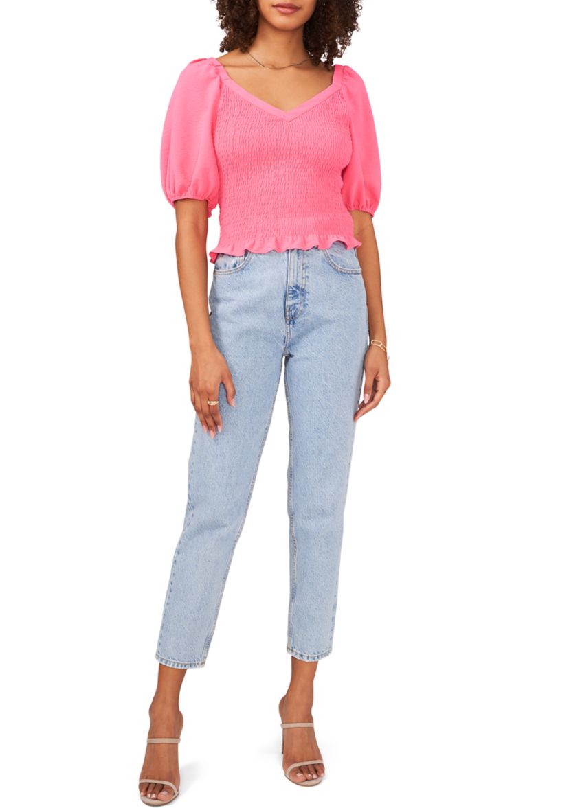 Womens Puff Sleeve V-Neck Smocked Top