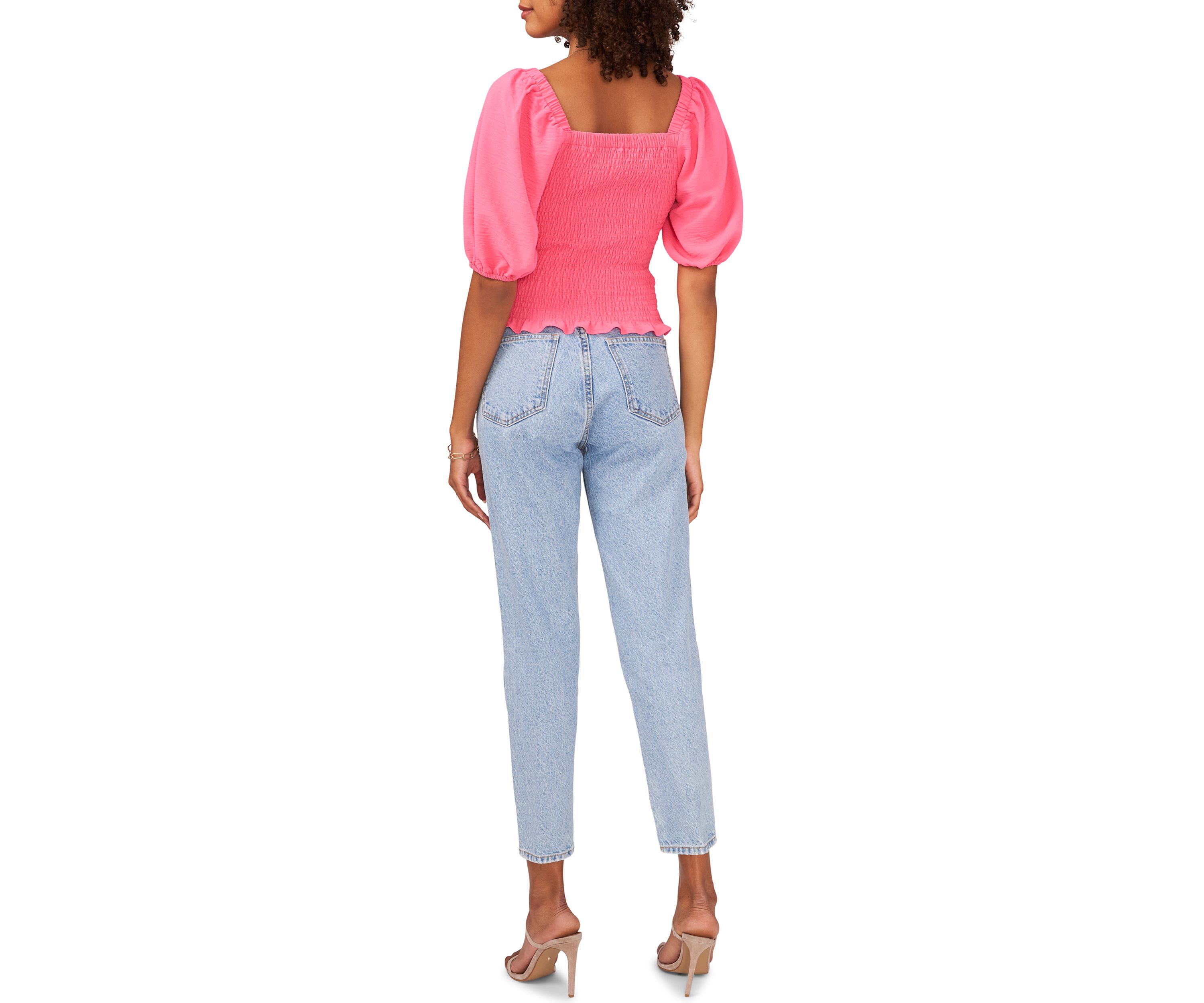 Womens Puff Sleeve V-Neck Smocked Top