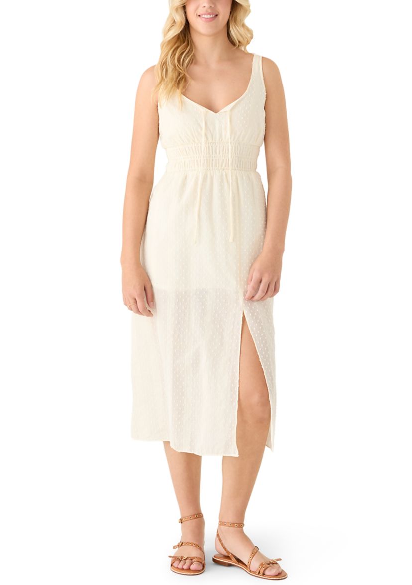 Womens Sleeveless Tie Neck Smocked Waist Midi Dress