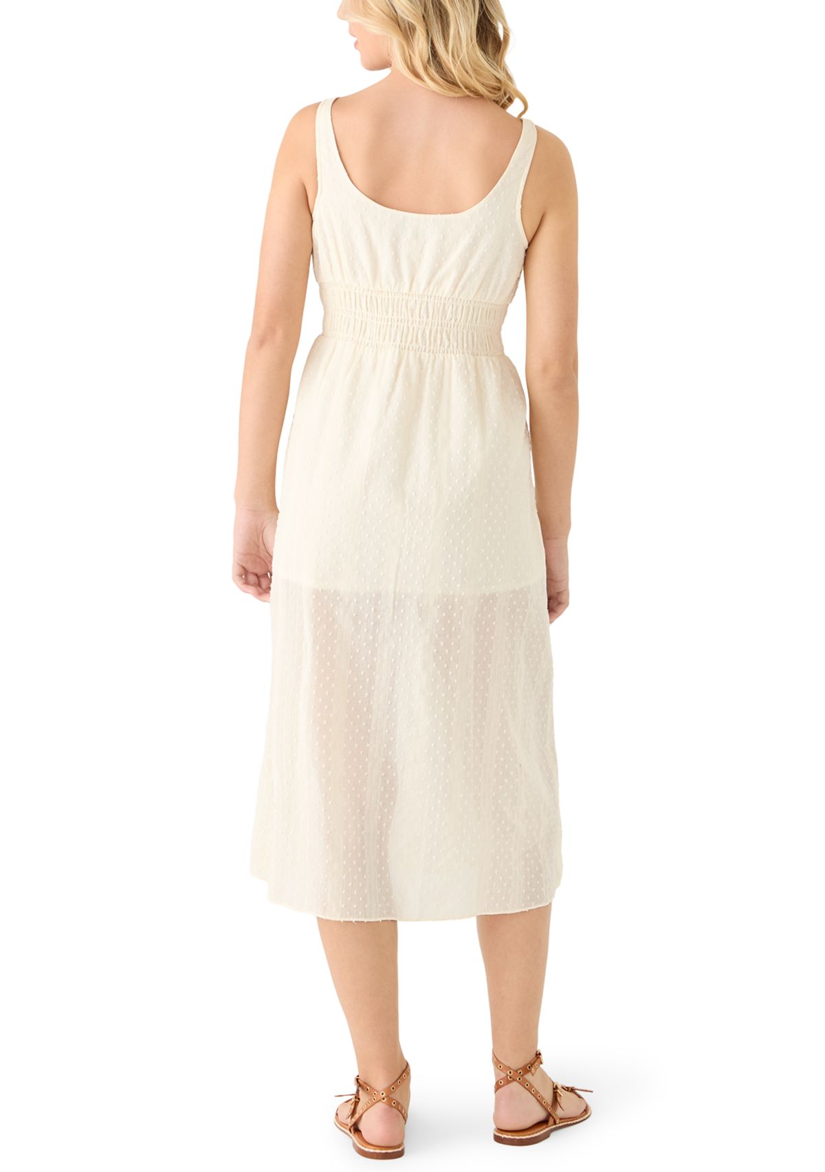 Womens Sleeveless Tie Neck Smocked Waist Midi Dress