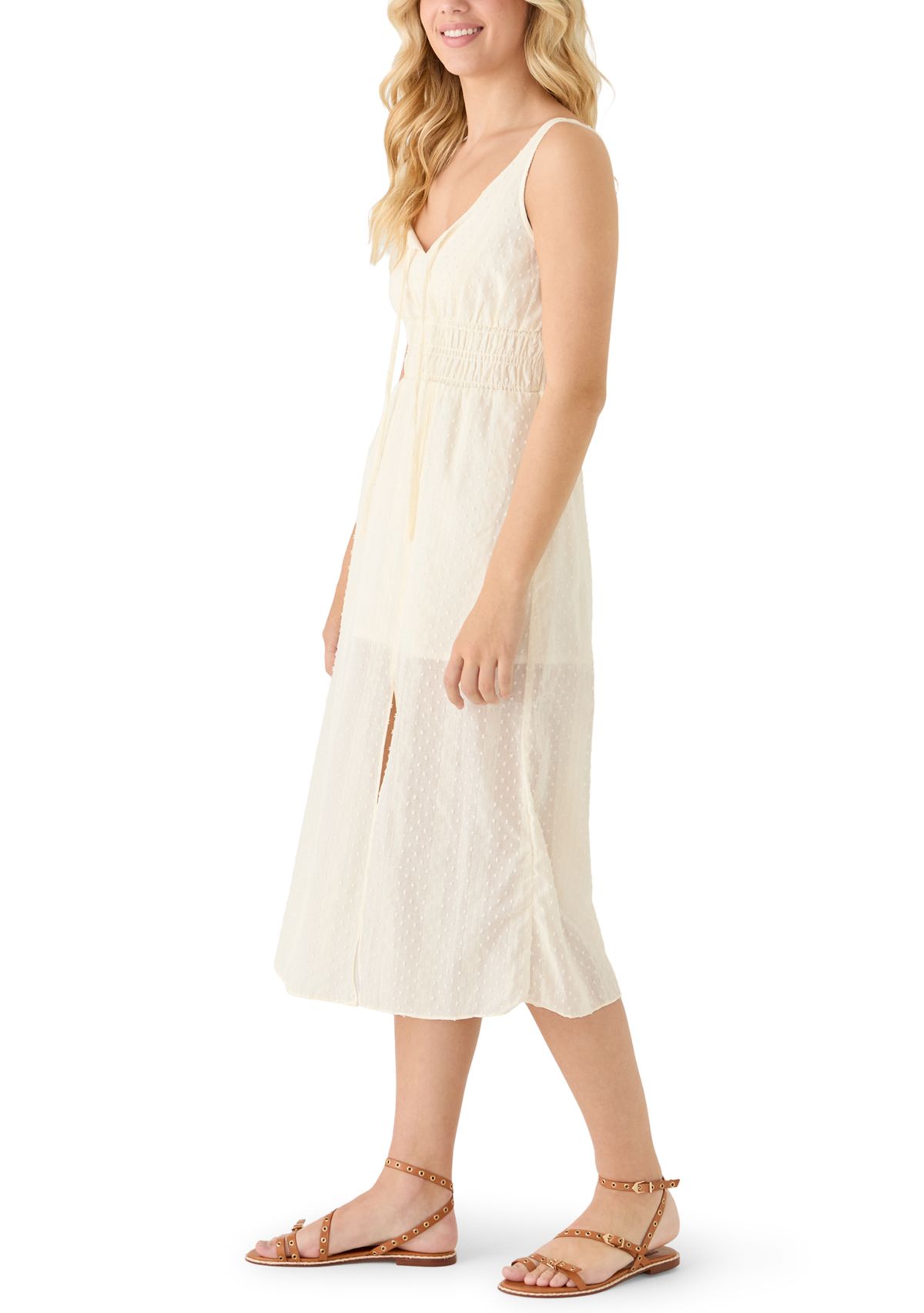 Womens Sleeveless Tie Neck Smocked Waist Midi Dress