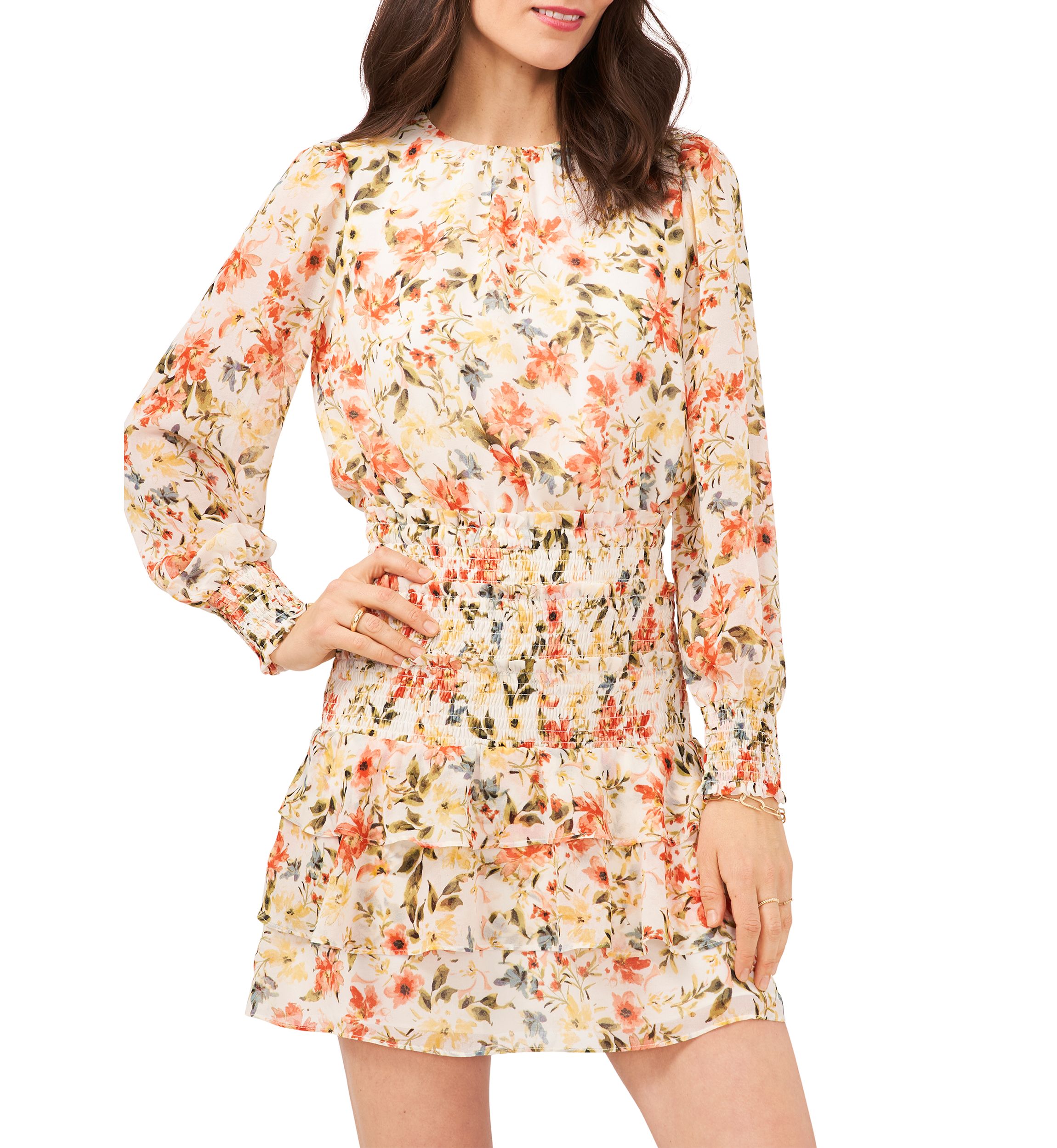 Womens Long Sleeve Smocked Tiered Dress