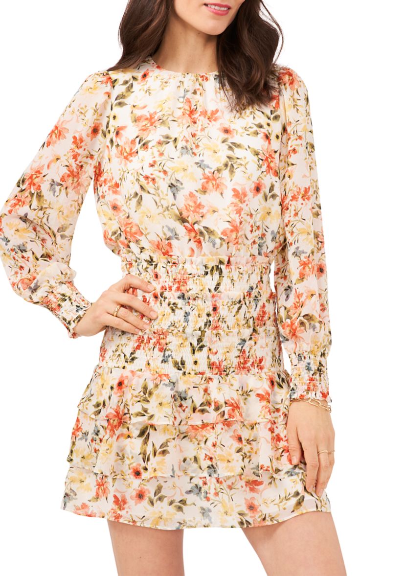 Womens Long Sleeve Smocked Tiered Dress