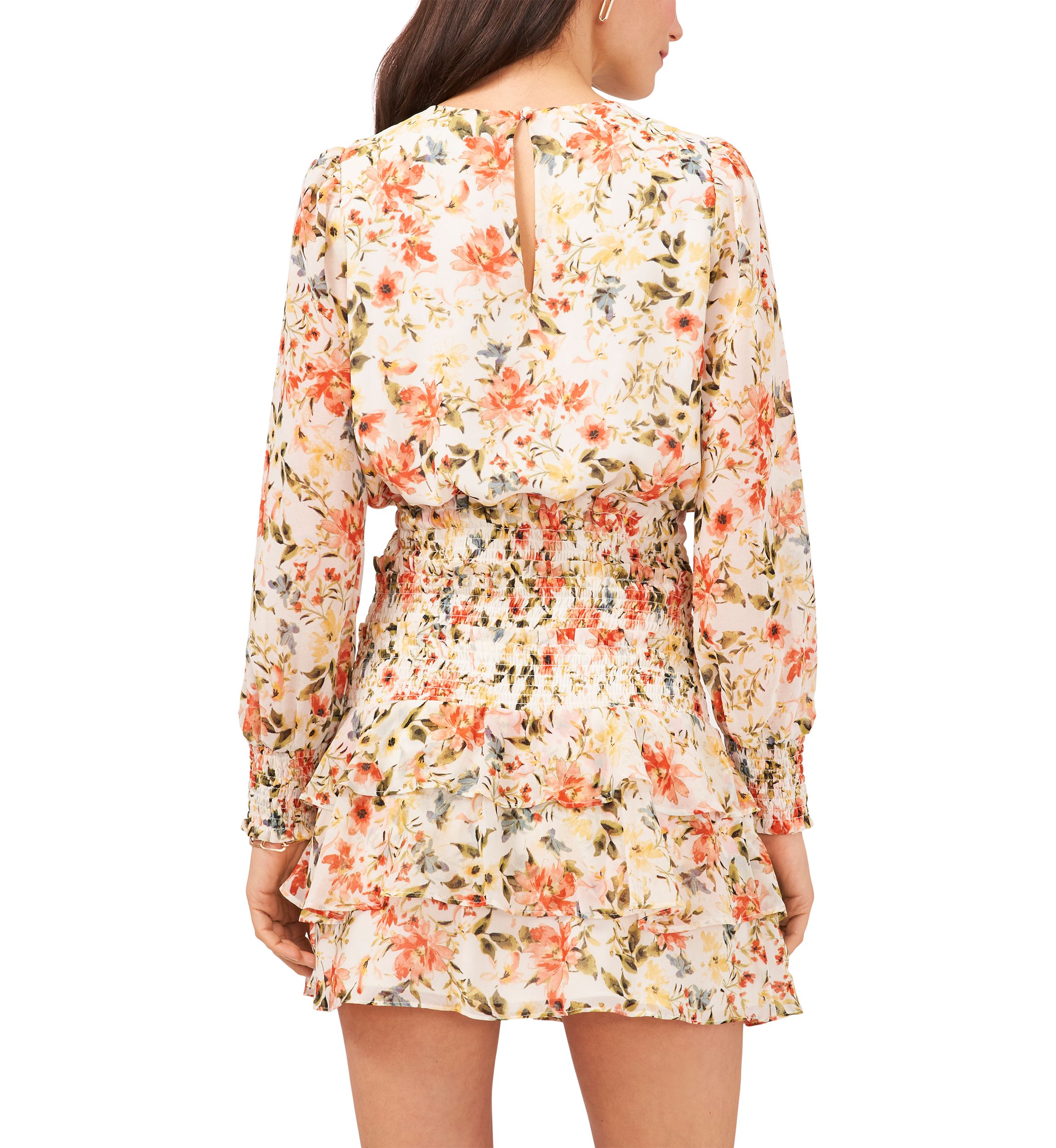Womens Long Sleeve Smocked Tiered Dress