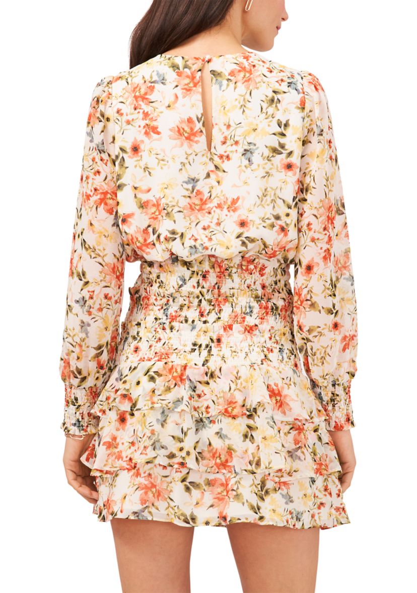 Womens Long Sleeve Smocked Tiered Dress