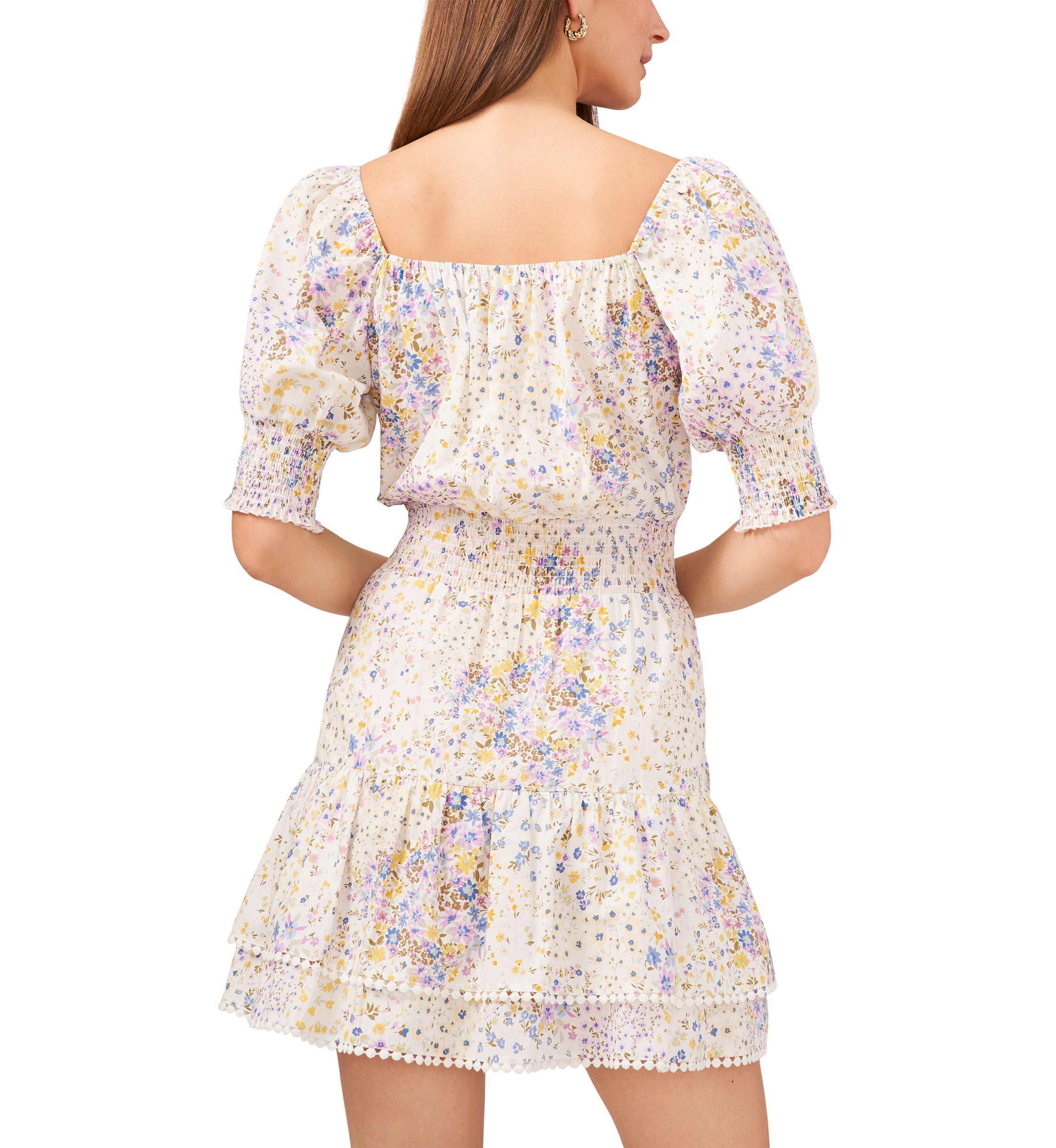 Womens Puff Sleeve Tie Square Neck Dress