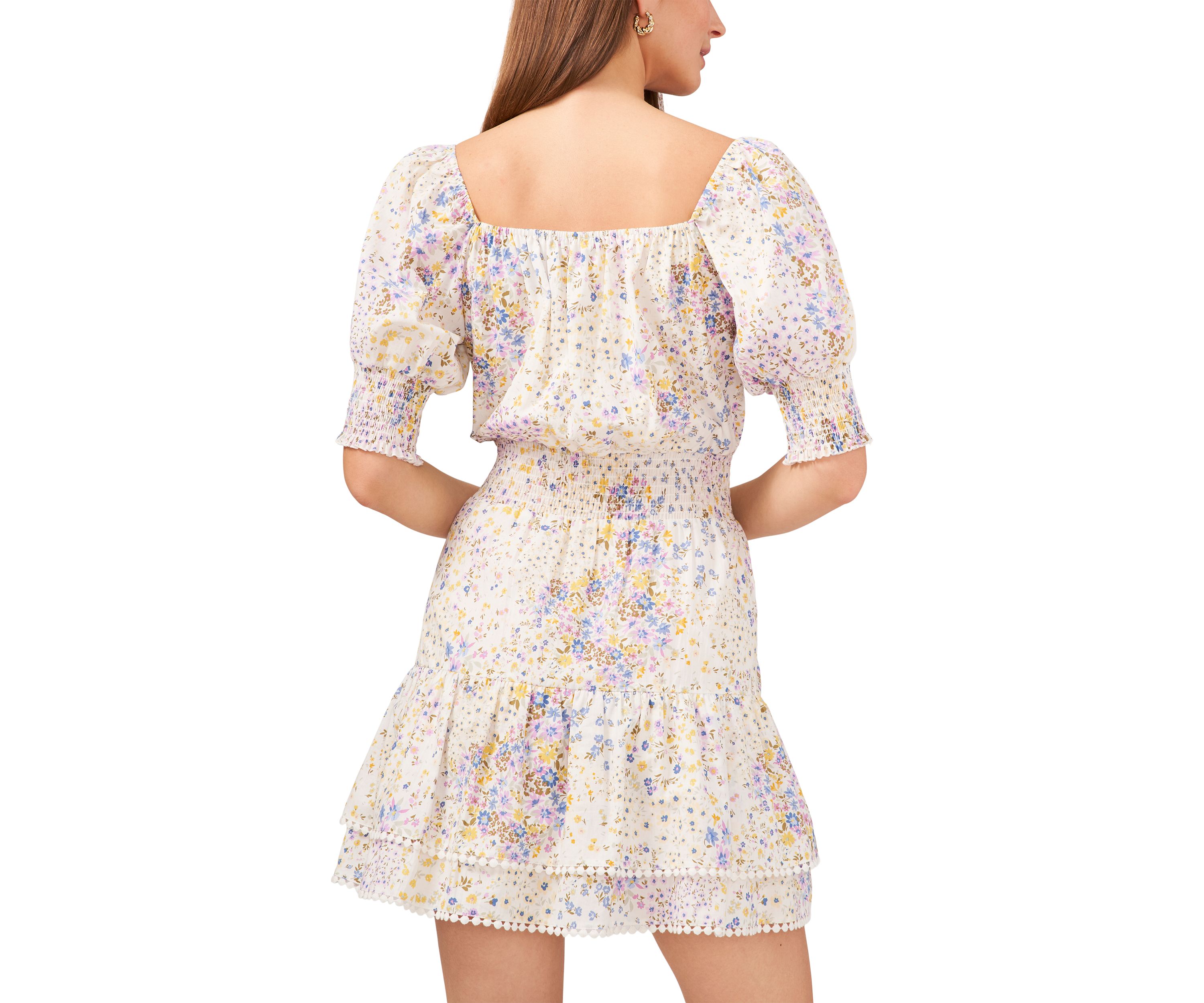 Womens Puff Sleeve Tie Square Neck Dress