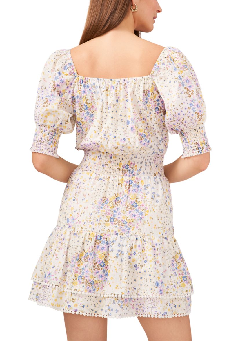 Womens Puff Sleeve Tie Square Neck Dress