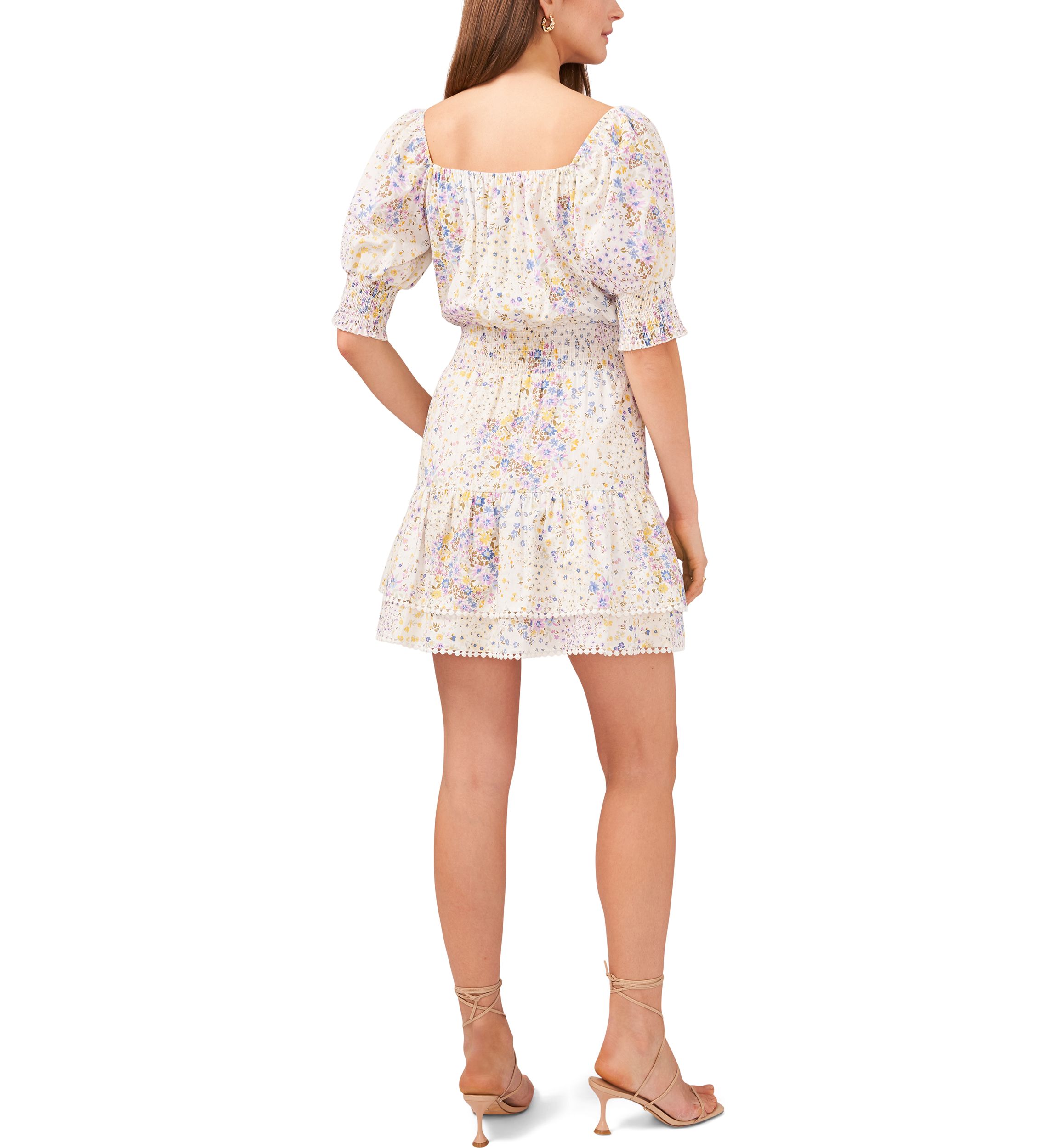 Womens Puff Sleeve Tie Square Neck Dress