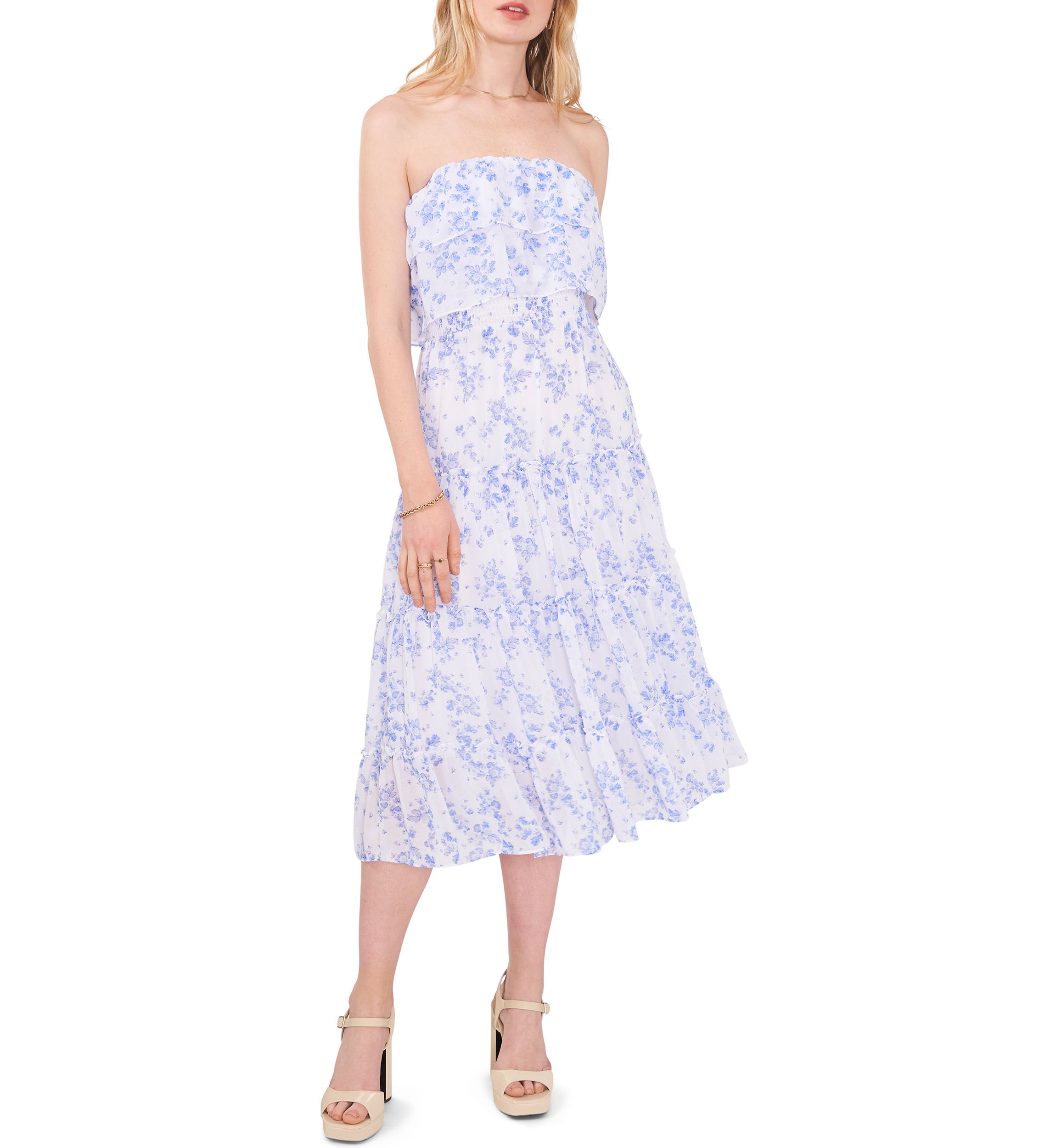 Womens Strapless Ruffled Tiered Midi  Dress