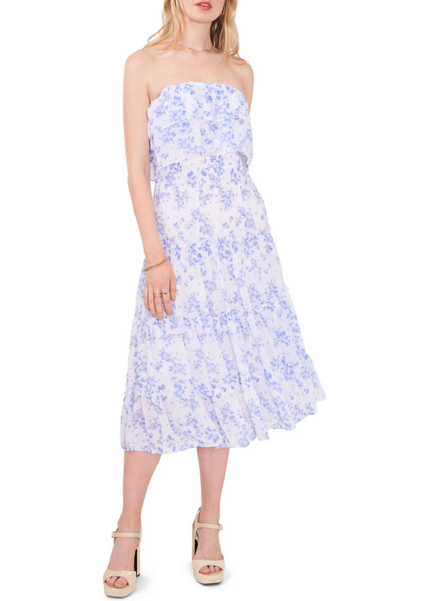 Womens Strapless Ruffled Tiered Midi  Dress