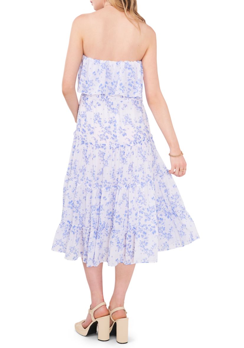 Womens Strapless Ruffled Tiered Midi  Dress