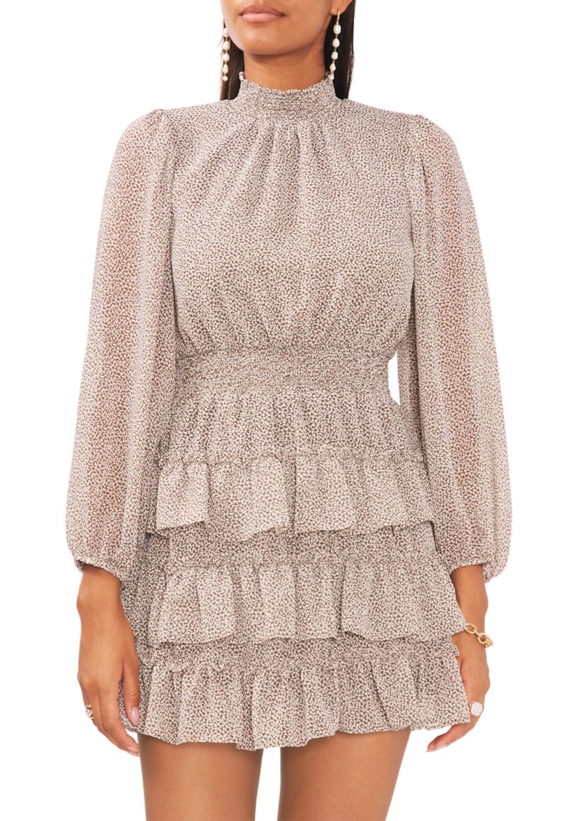Womens Blouson Sleeve Smocked Waist 3-Tiered Mock Neck Dress