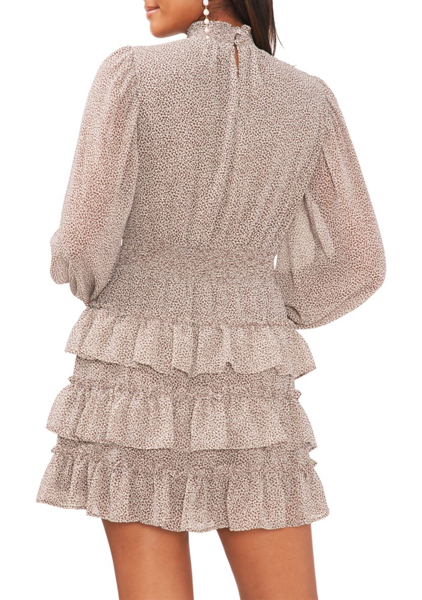 Womens Blouson Sleeve Smocked Waist 3-Tiered Mock Neck Dress