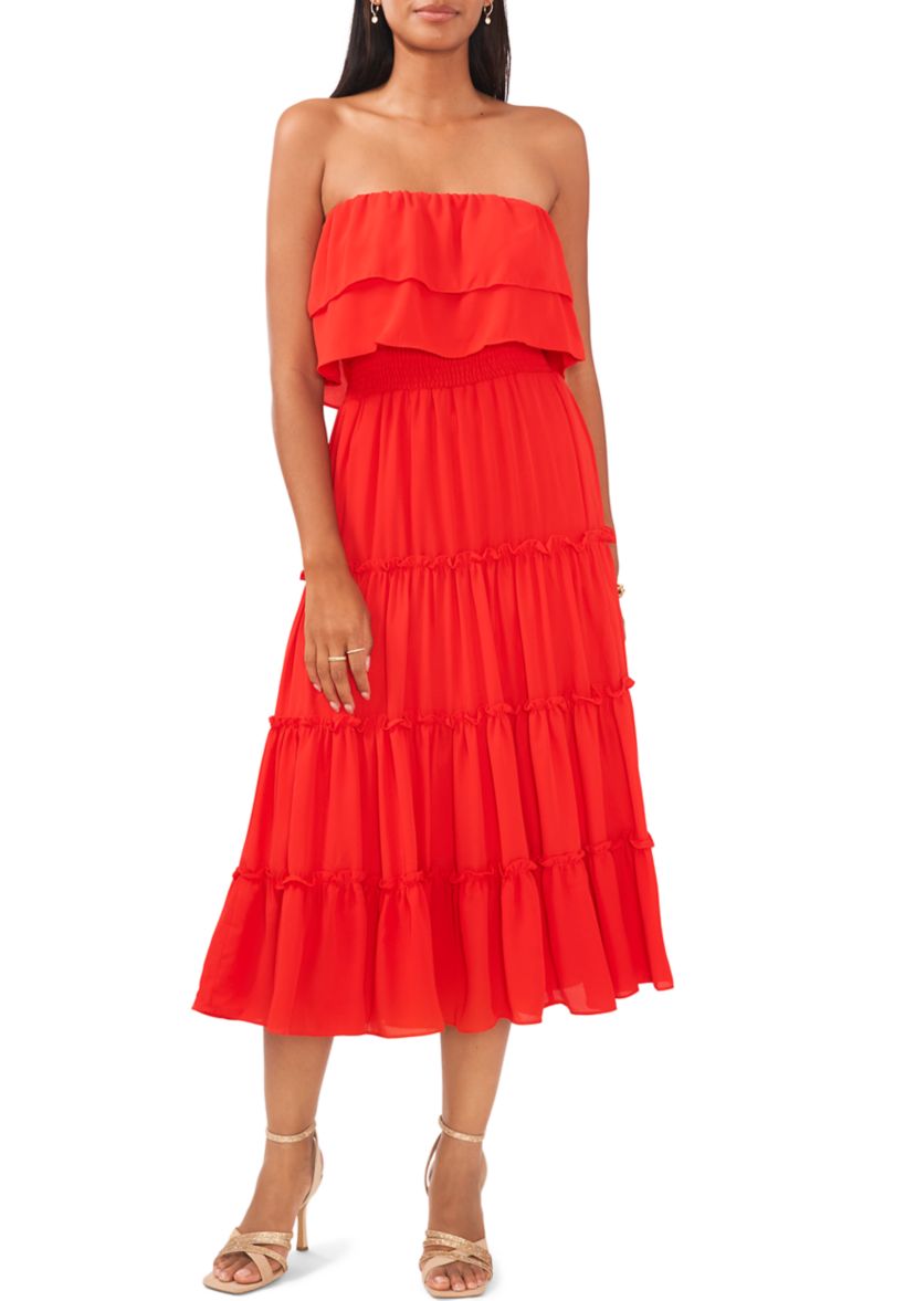 Womens Strapless Smocked Waist Tiered Dress