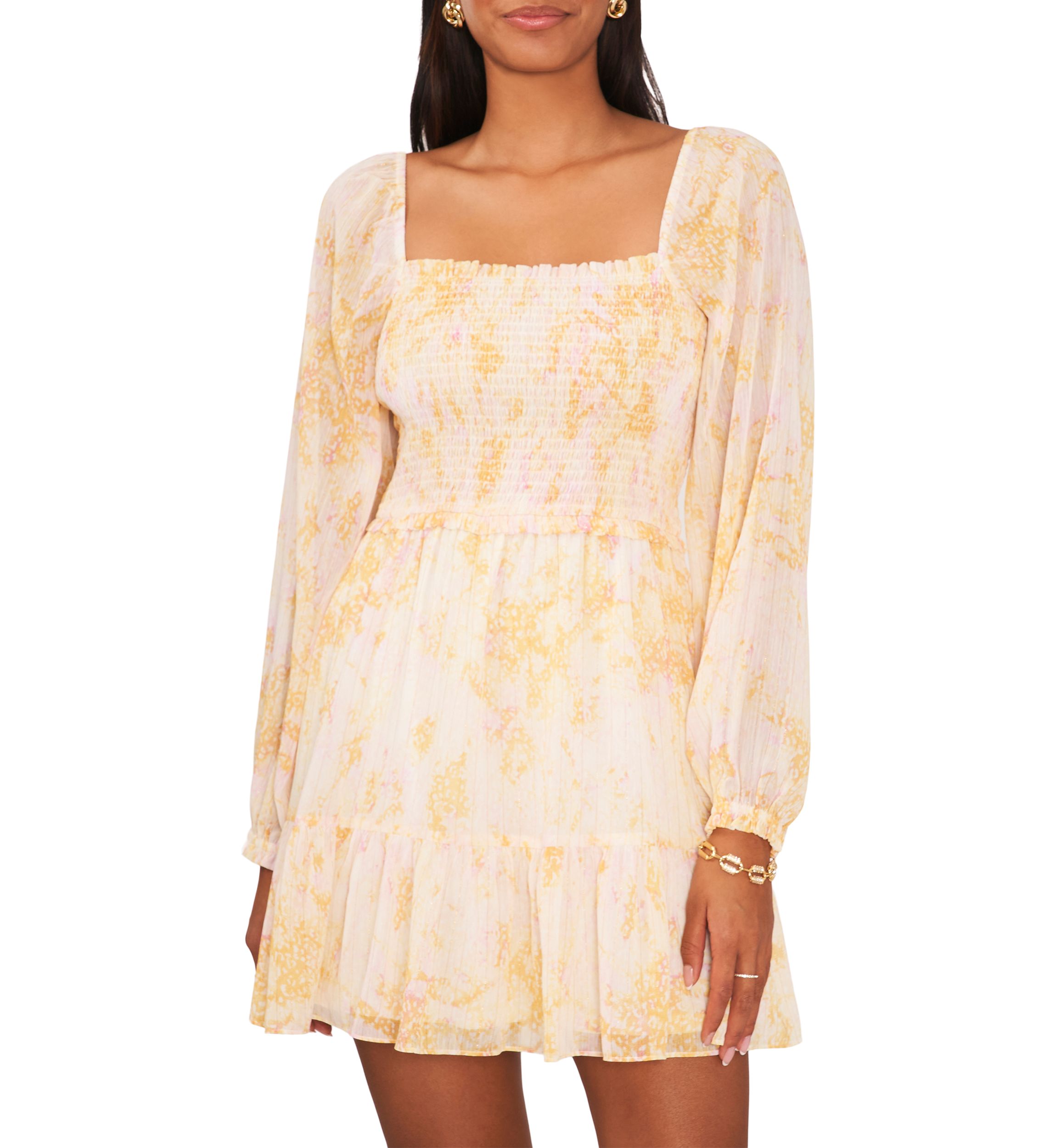 Womens Blouson Sleeve Square Neck Floral Smocked Dress
