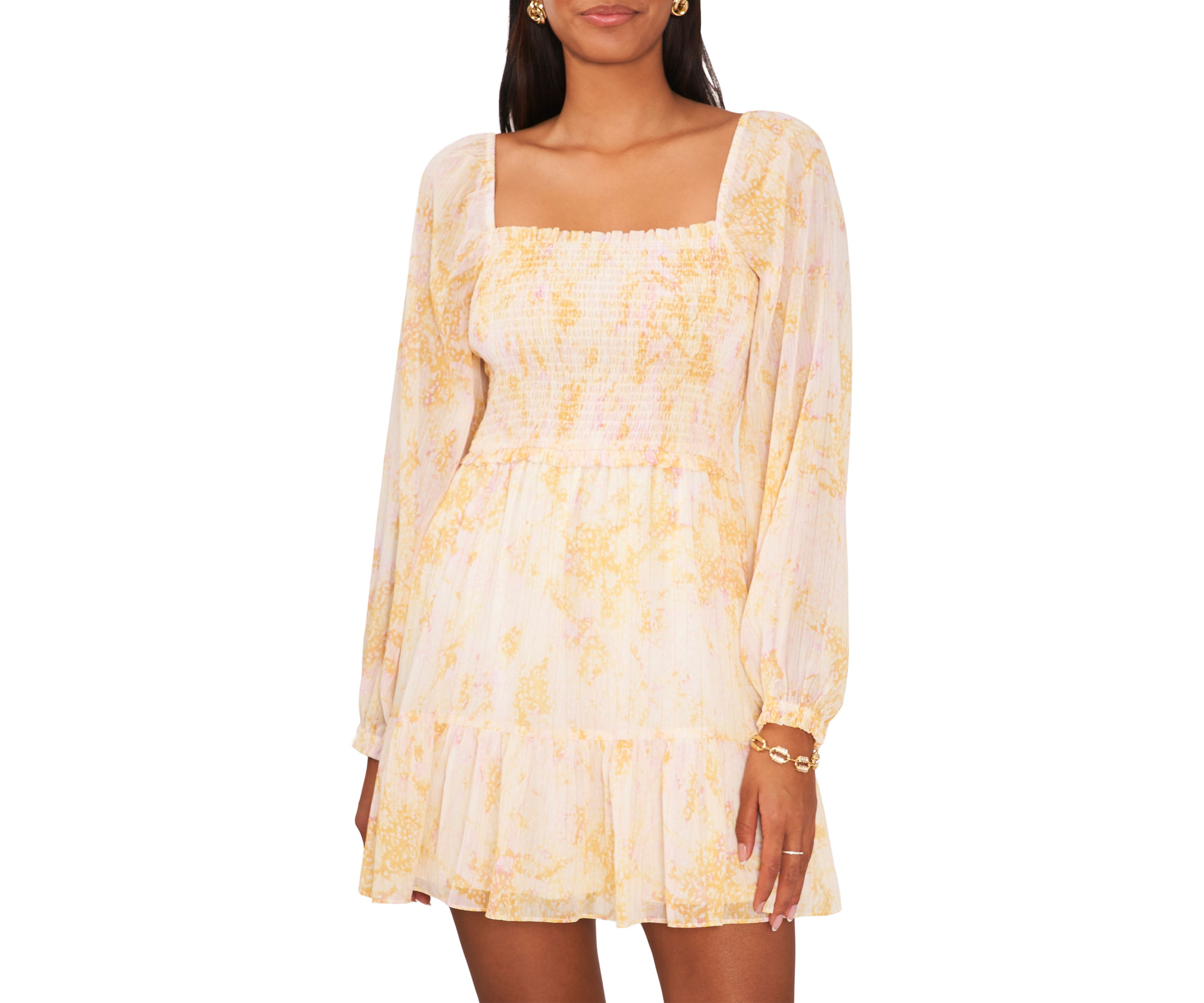 Womens Blouson Sleeve Square Neck Floral Smocked Dress