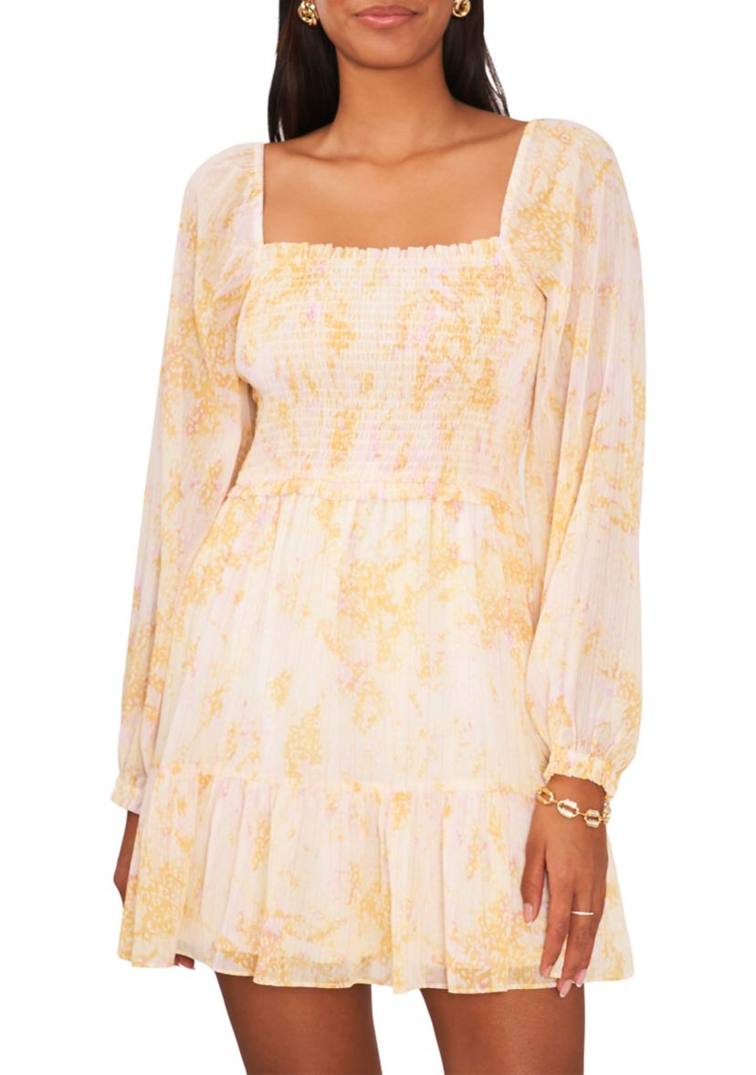 Womens Blouson Sleeve Square Neck Floral Smocked Dress