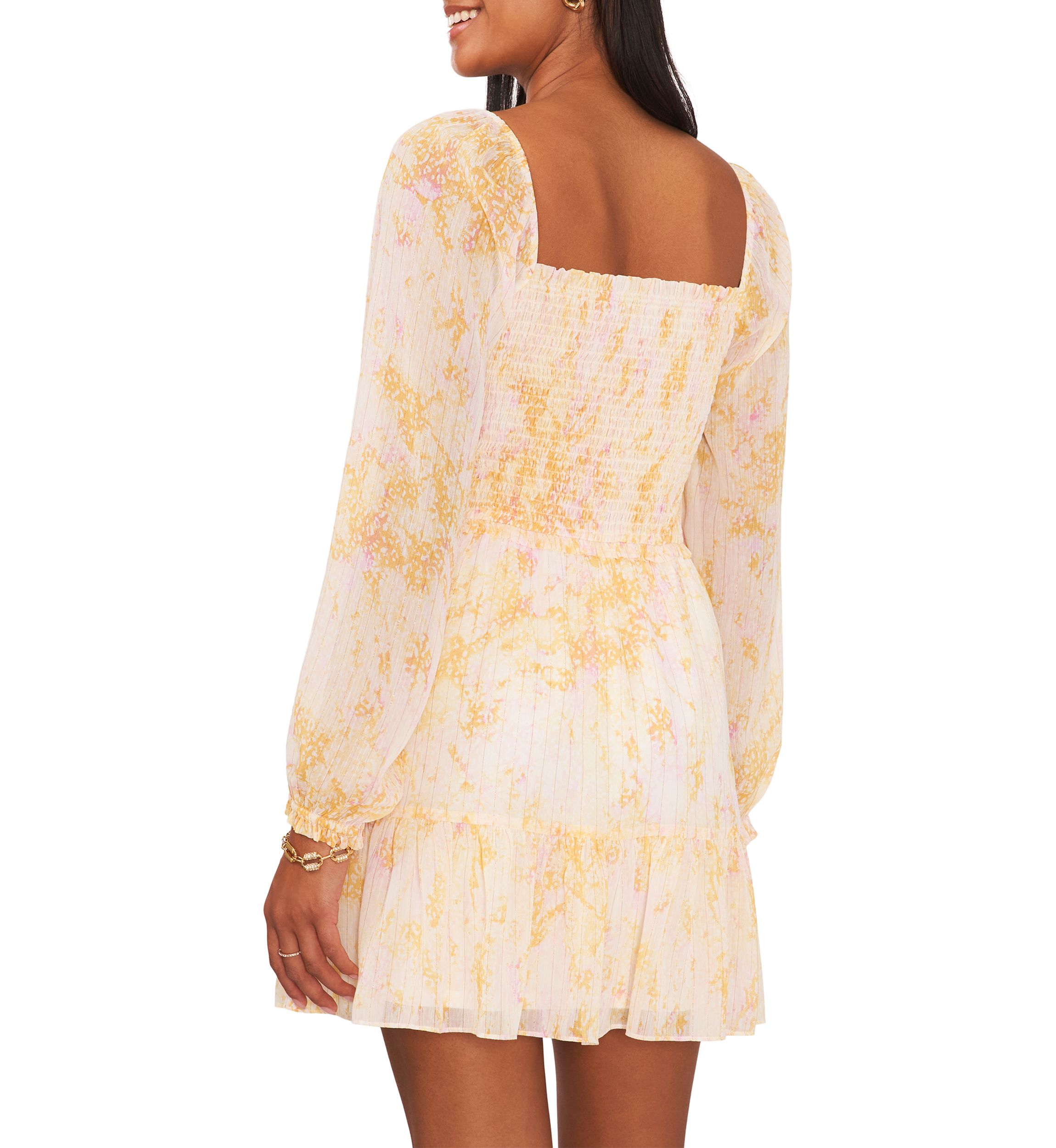 Womens Blouson Sleeve Square Neck Floral Smocked Dress