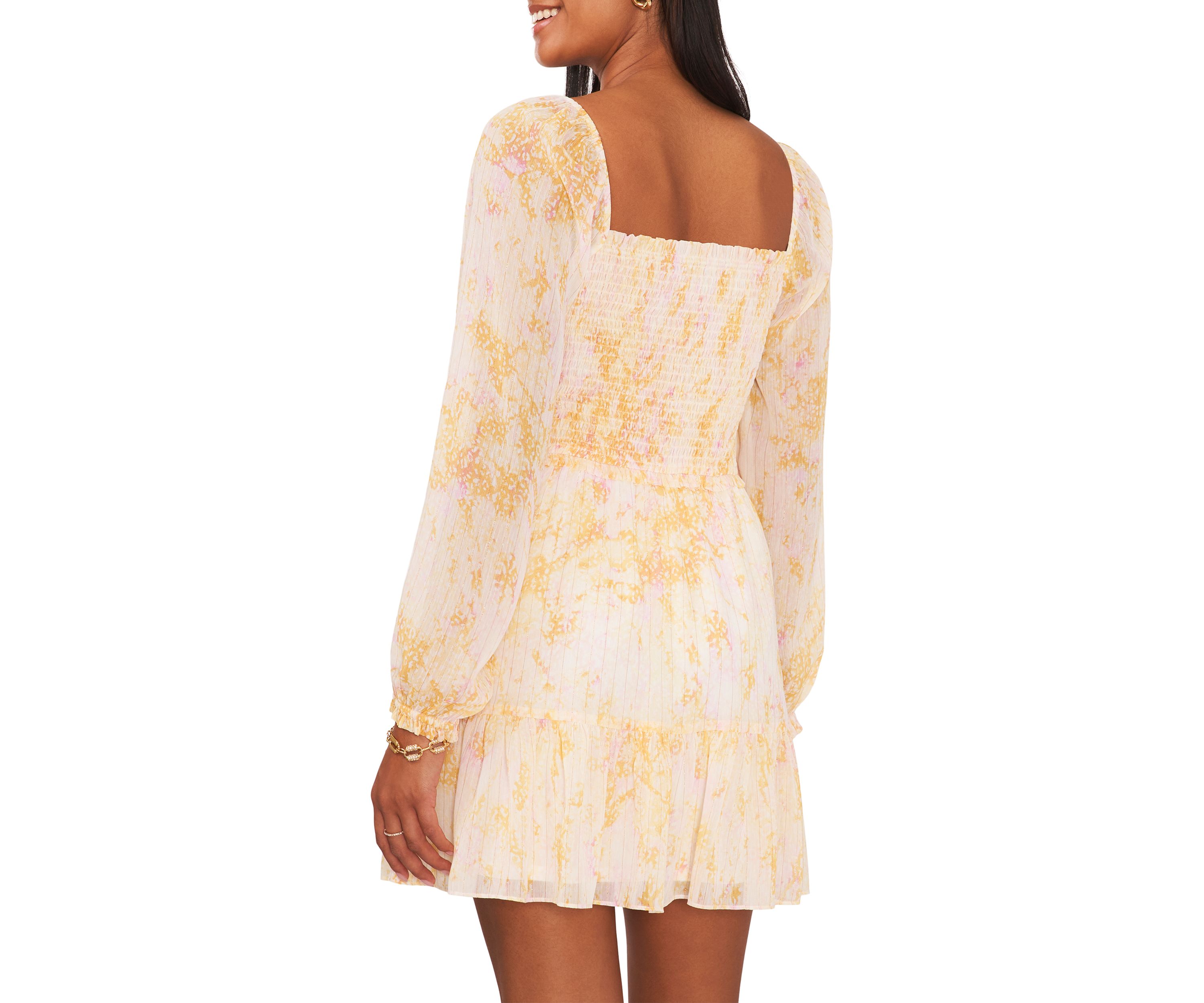 Womens Blouson Sleeve Square Neck Floral Smocked Dress