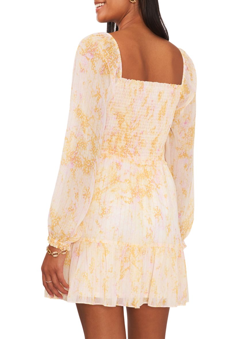 Womens Blouson Sleeve Square Neck Floral Smocked Dress
