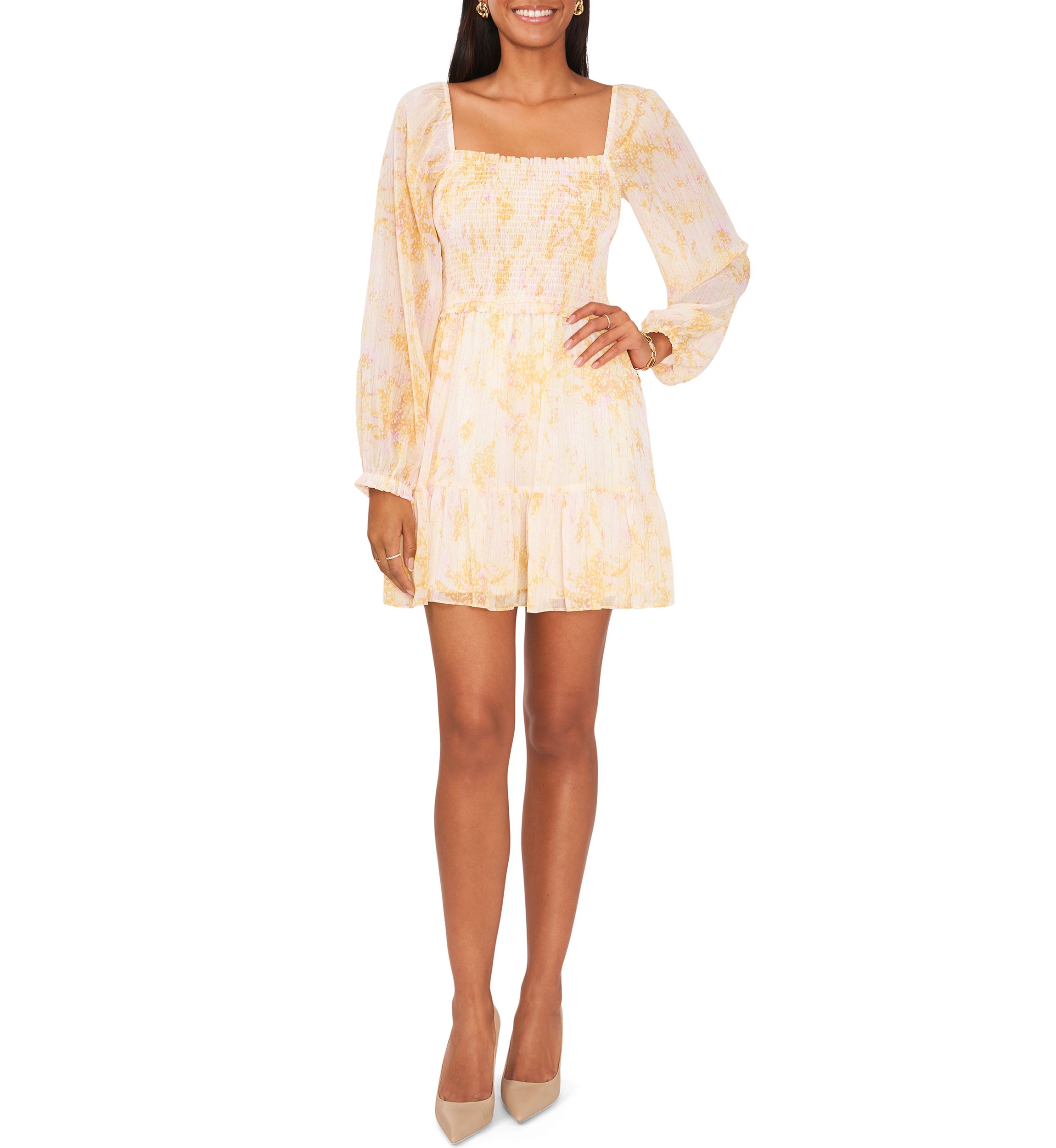 Womens Blouson Sleeve Square Neck Floral Smocked Dress