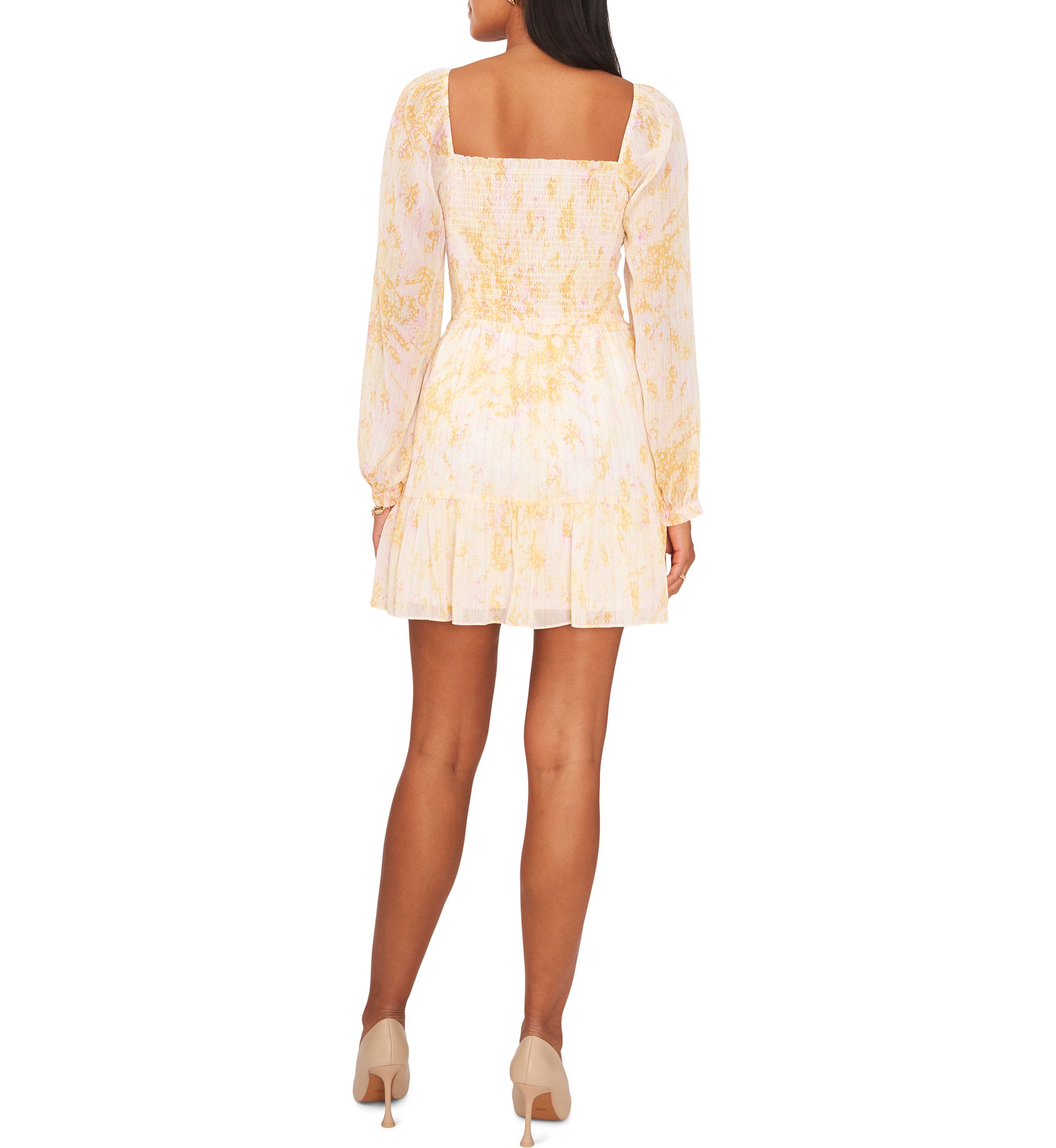 Womens Blouson Sleeve Square Neck Floral Smocked Dress