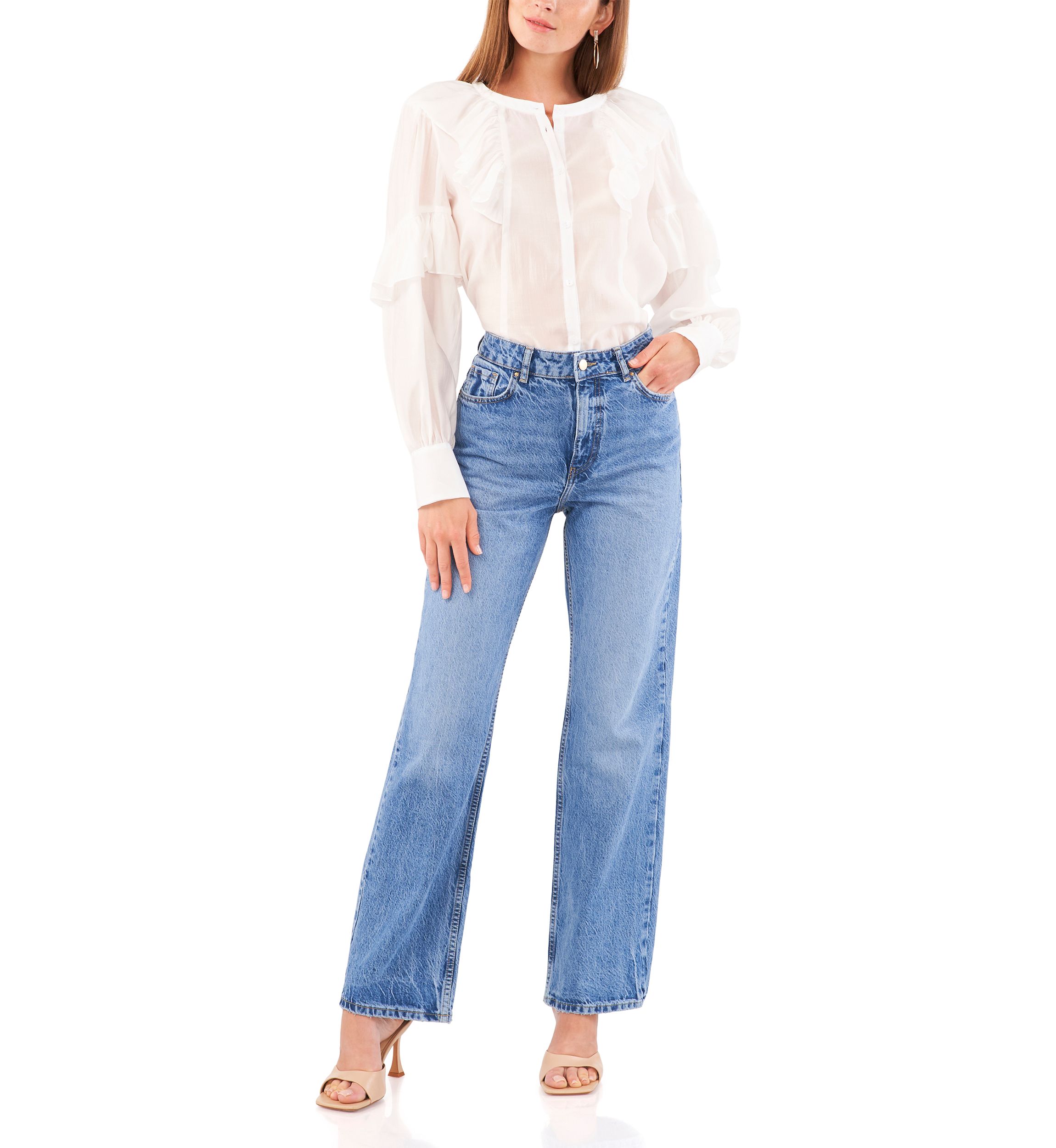 Womens Wide Ruffle Neck Blouse