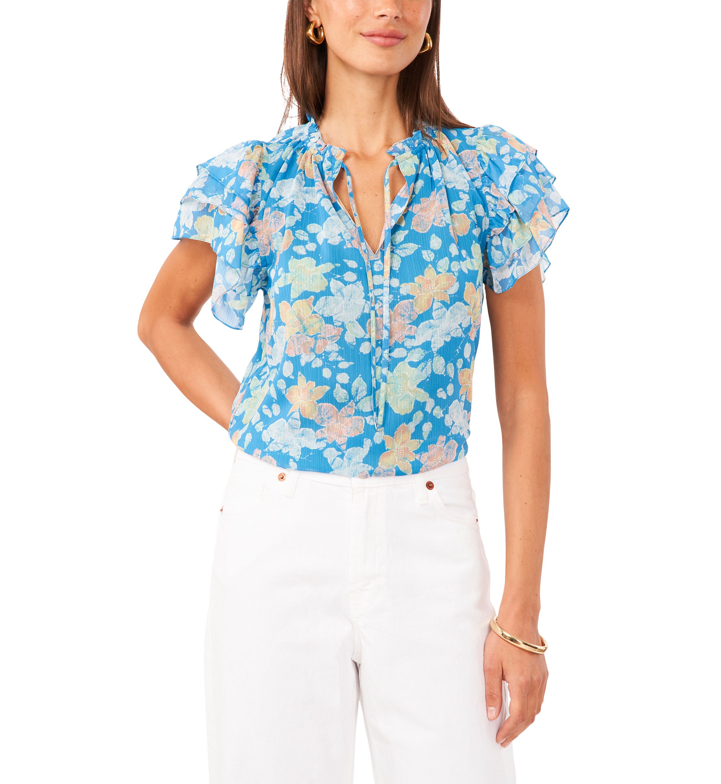 Womens Flutter Sleeve Tie Neck Top
