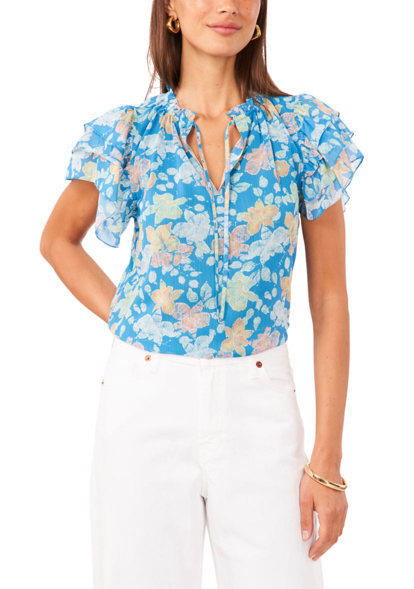 Womens Flutter Sleeve Tie Neck Top