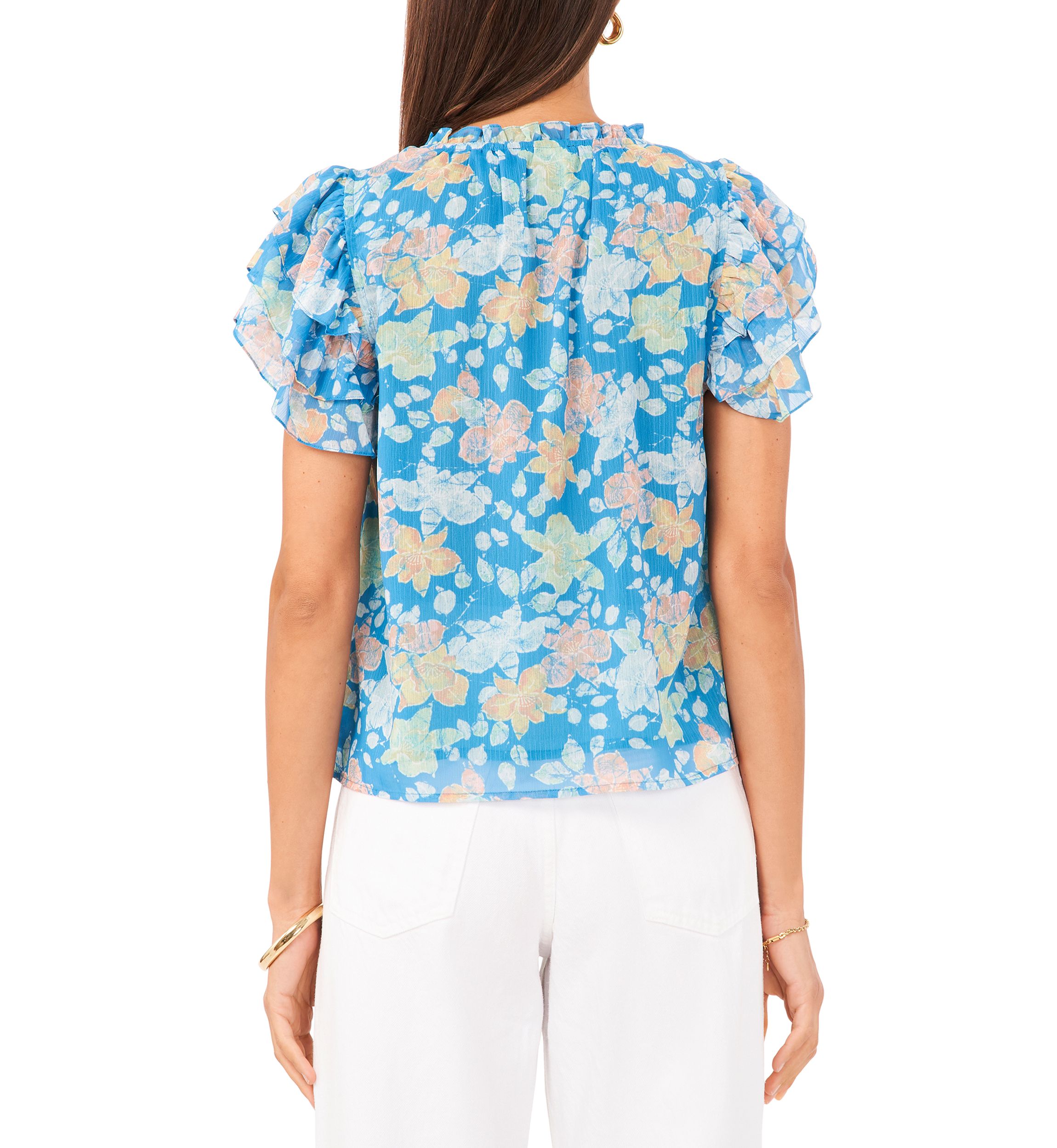 Womens Flutter Sleeve Tie Neck Top