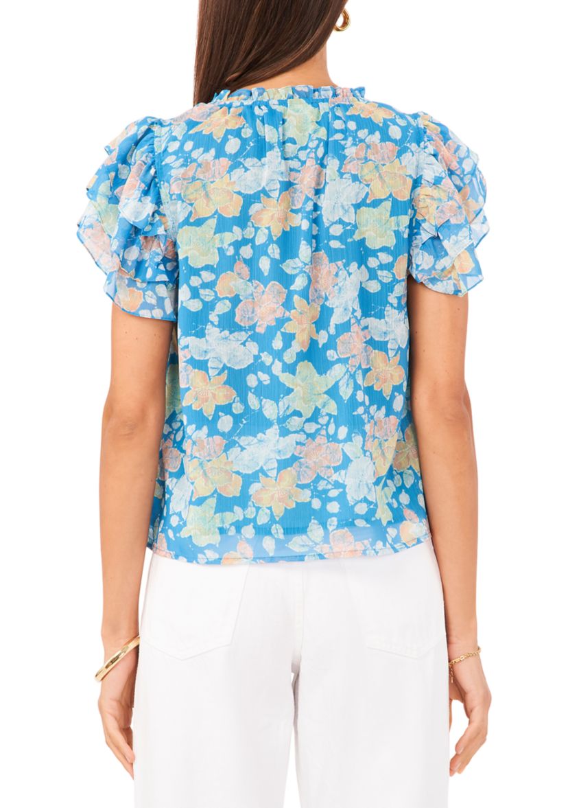 Womens Flutter Sleeve Tie Neck Top