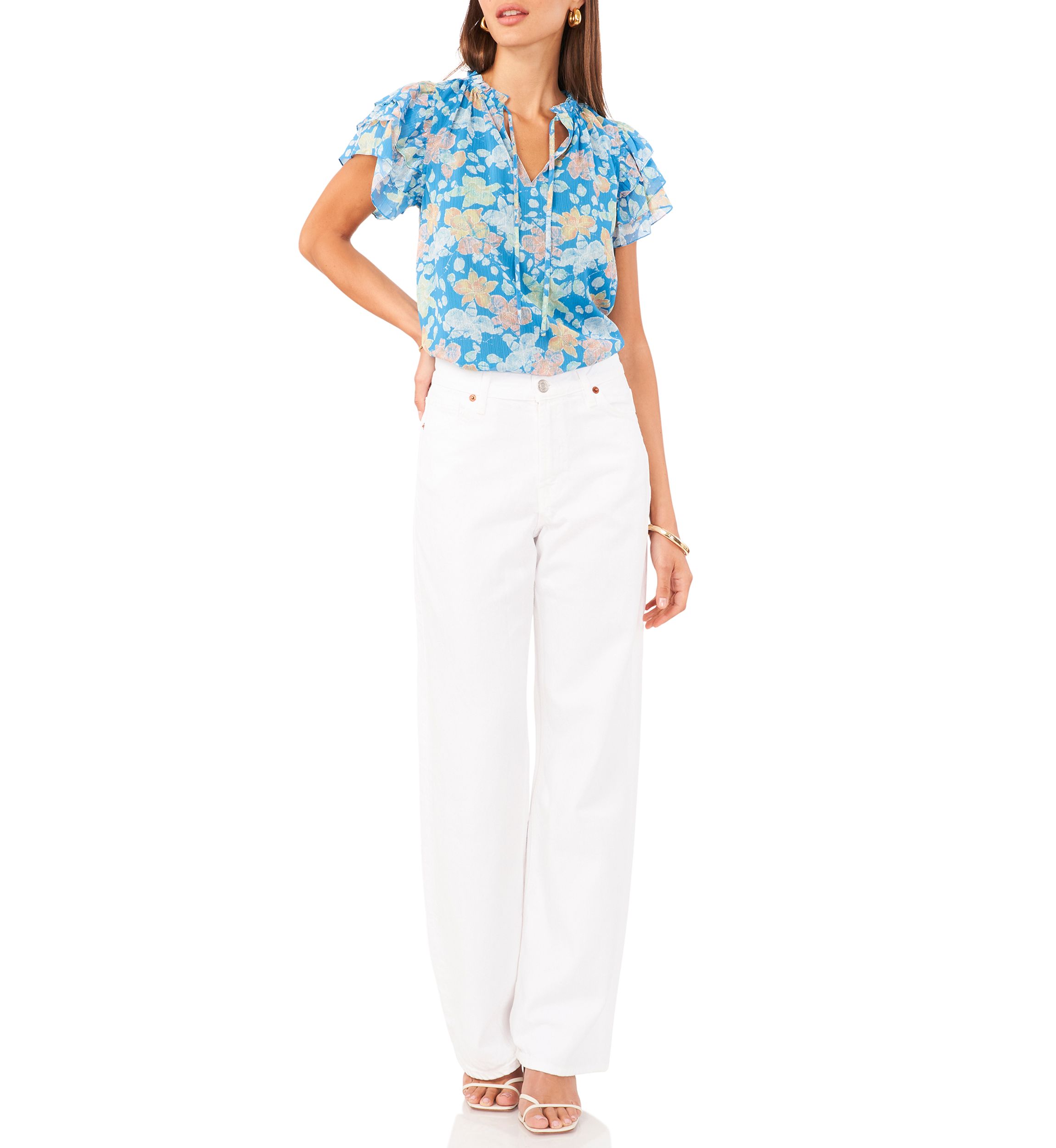 Womens Flutter Sleeve Tie Neck Top