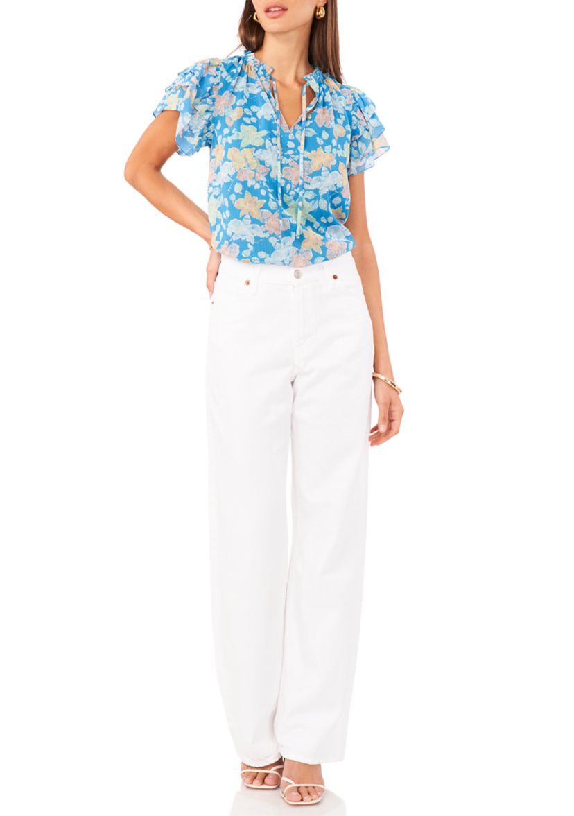 Womens Flutter Sleeve Tie Neck Top