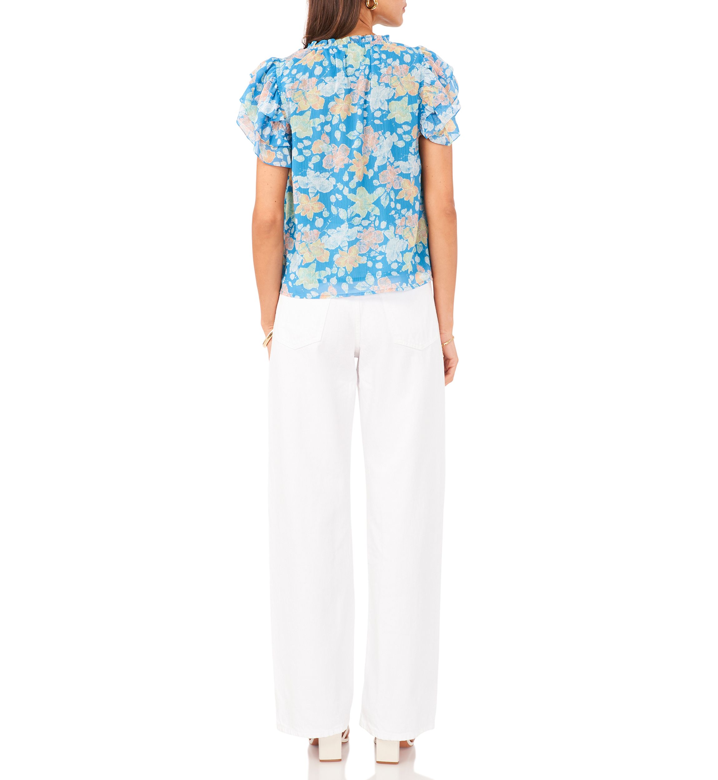 Womens Flutter Sleeve Tie Neck Top