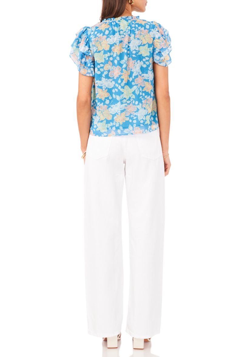 Womens Flutter Sleeve Tie Neck Top