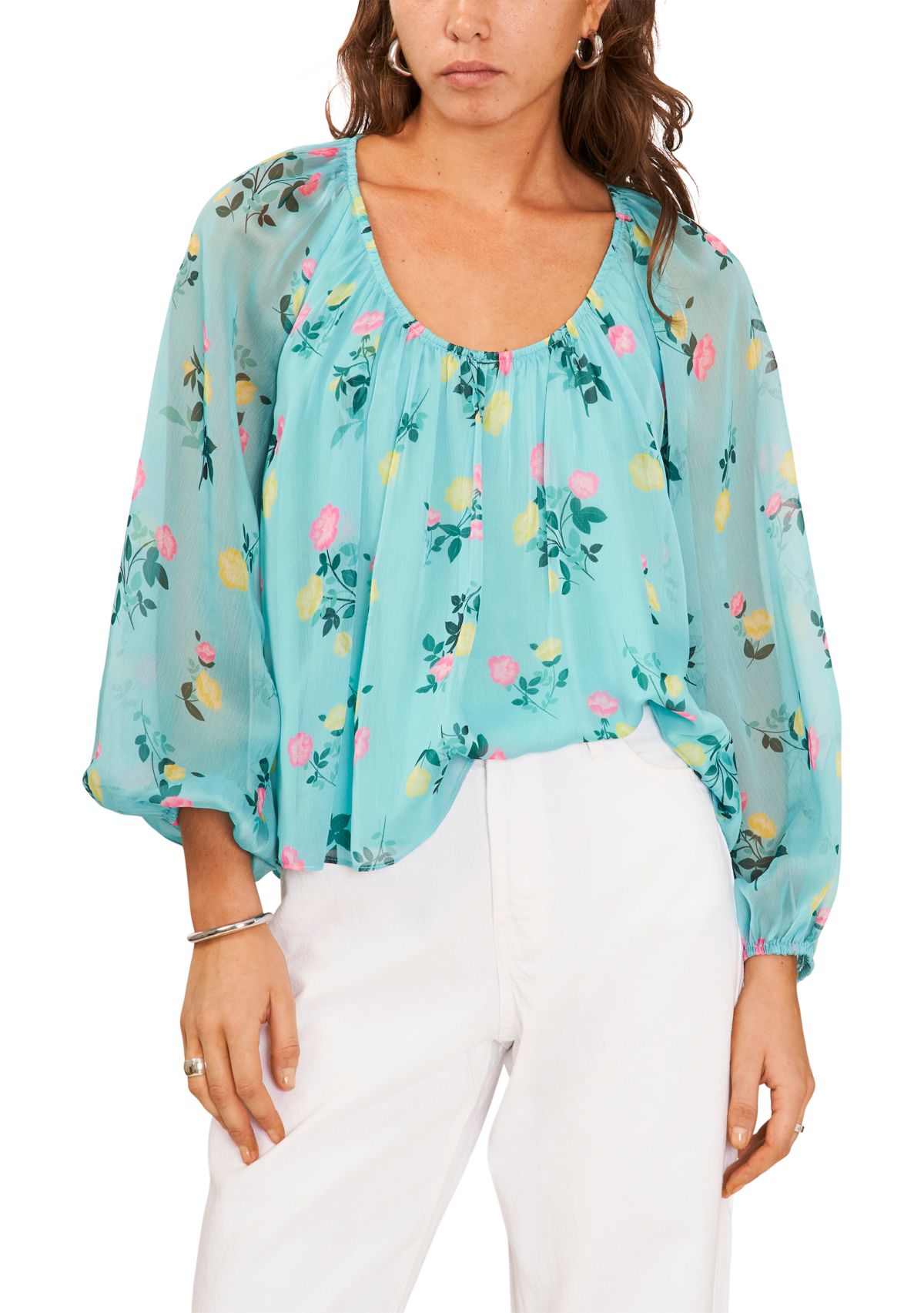 Womens Blouson Sleeve Round Neck Floral Blouse