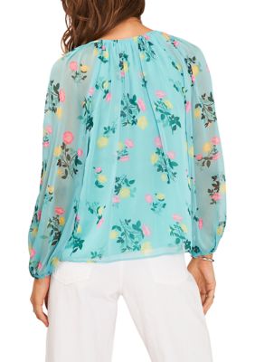 Women's Blouson Sleeve Round Neck Floral Blouse