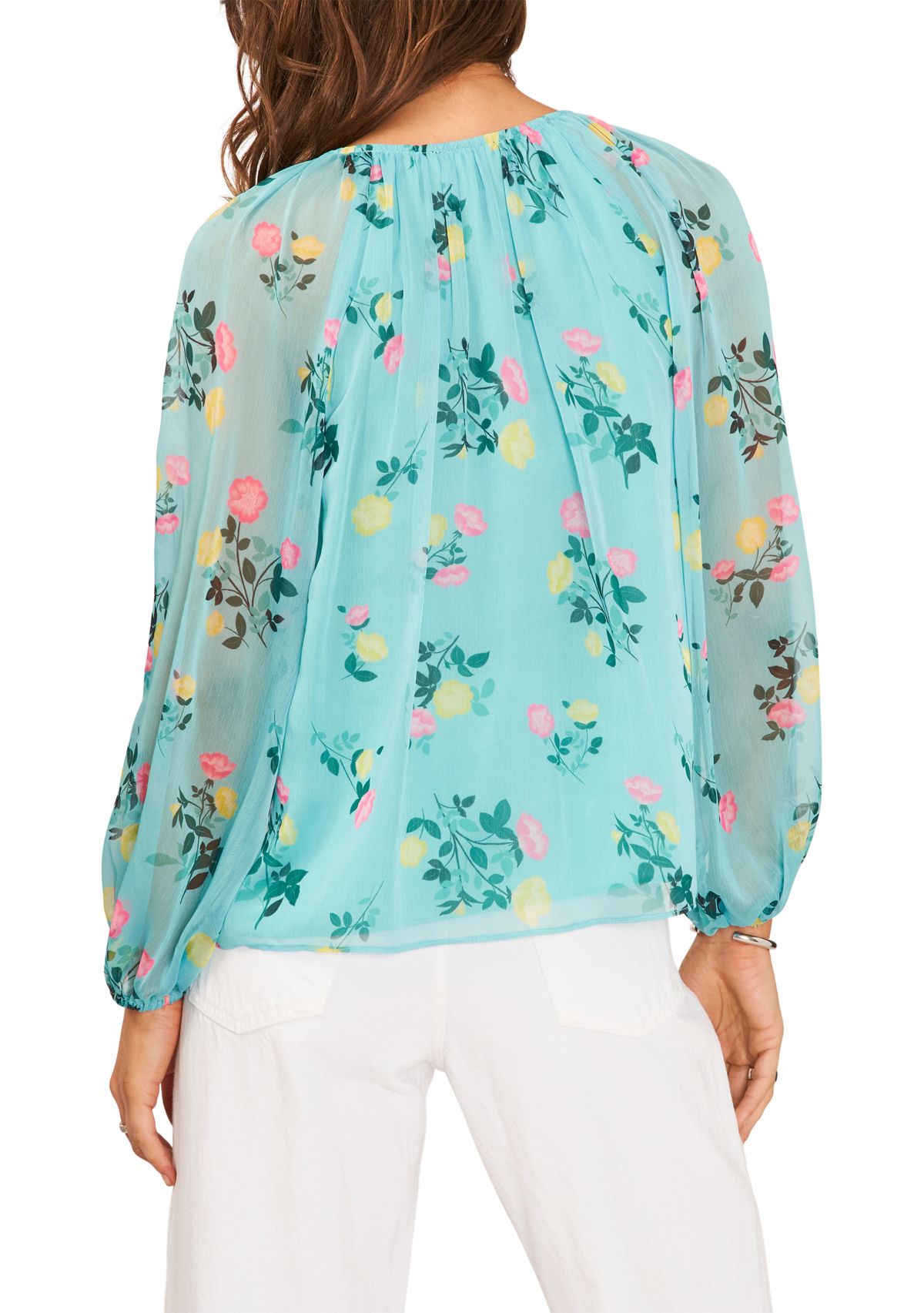 Womens Blouson Sleeve Round Neck Floral Blouse